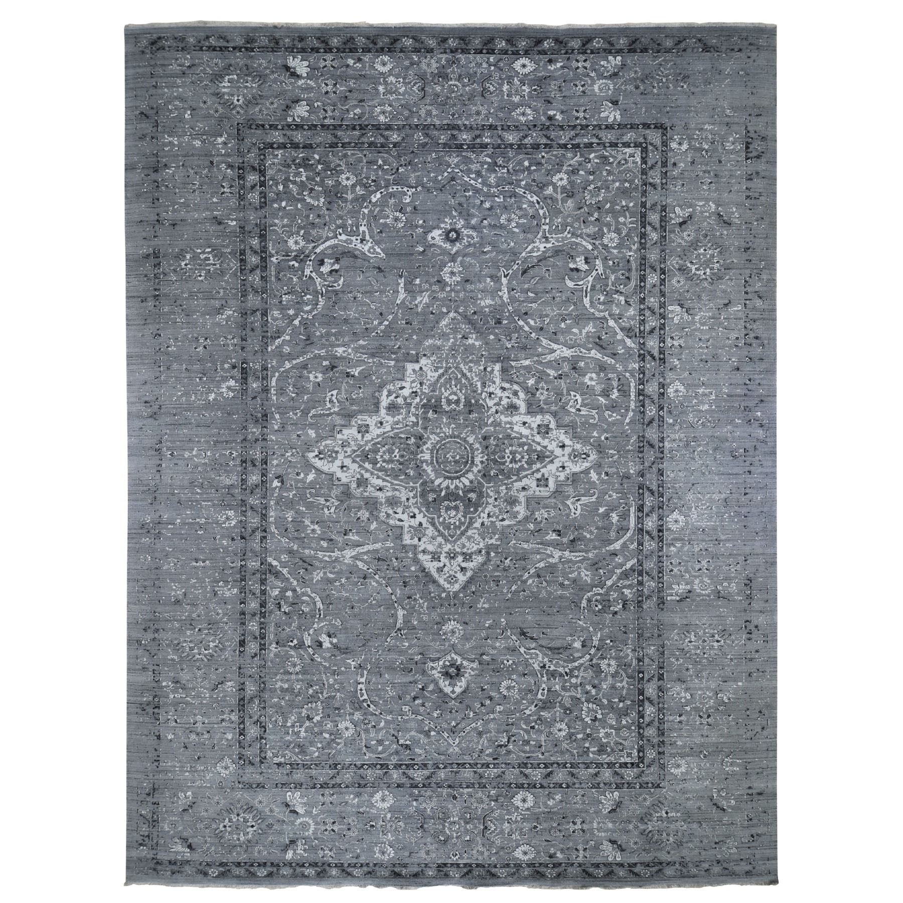 12'1"x17'8" Gray Oversized Broken Persian Erased Design Silk With Textured Wool Hand Woven Oriental Rug 