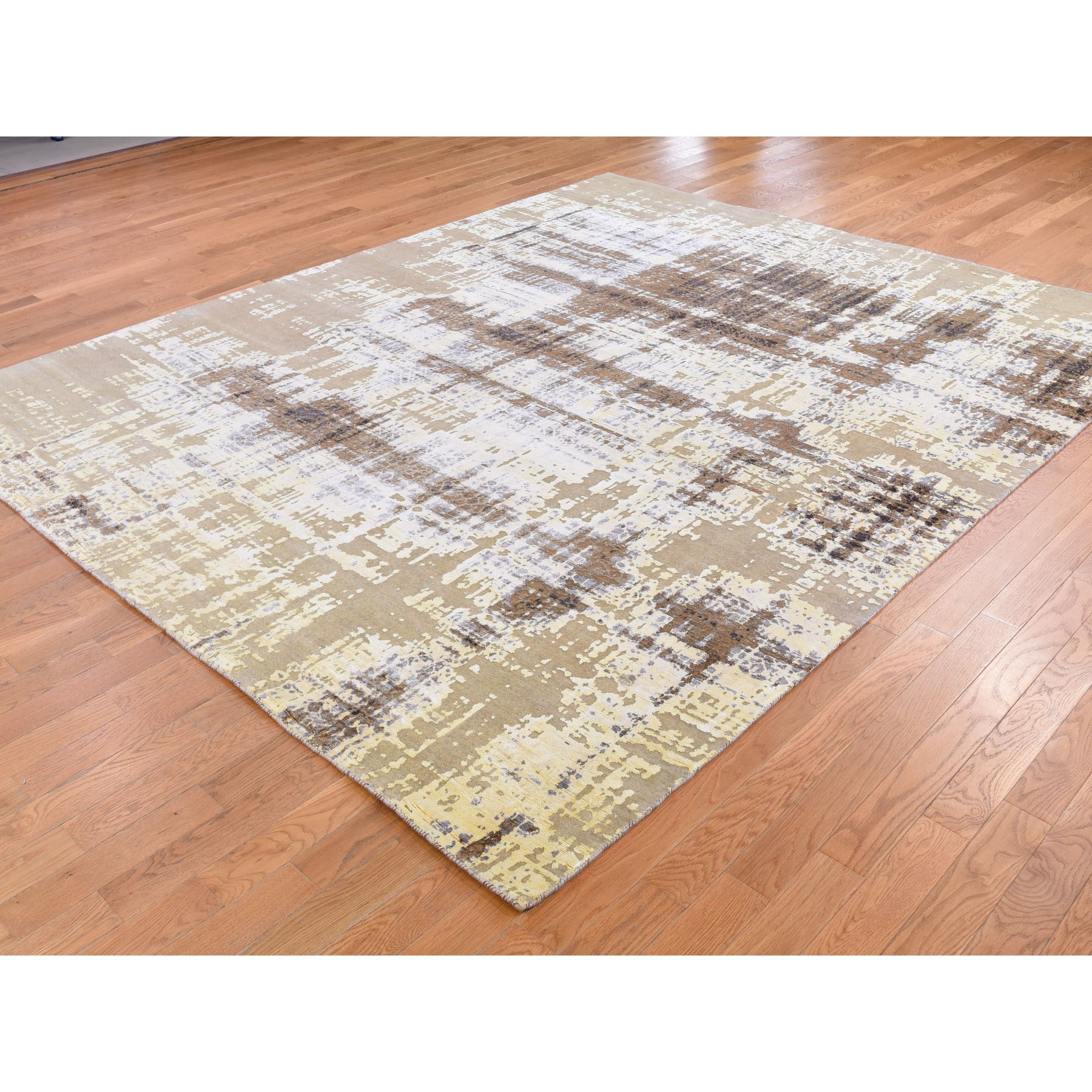 8'x9'10" Yellow Abstract Design Silk With Textured Wool Hand Woven Oriental Rug 