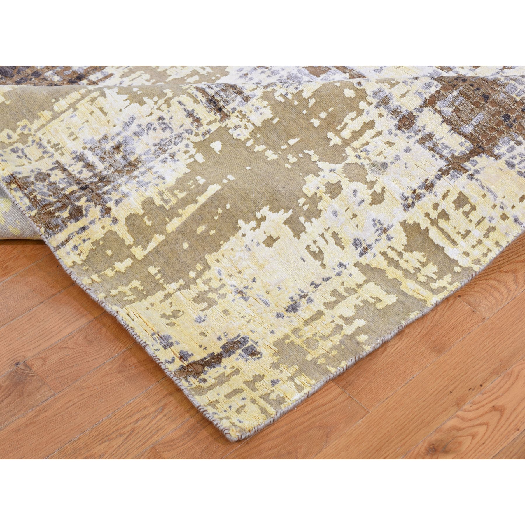 8'x9'10" Yellow Abstract Design Silk With Textured Wool Hand Woven Oriental Rug 
