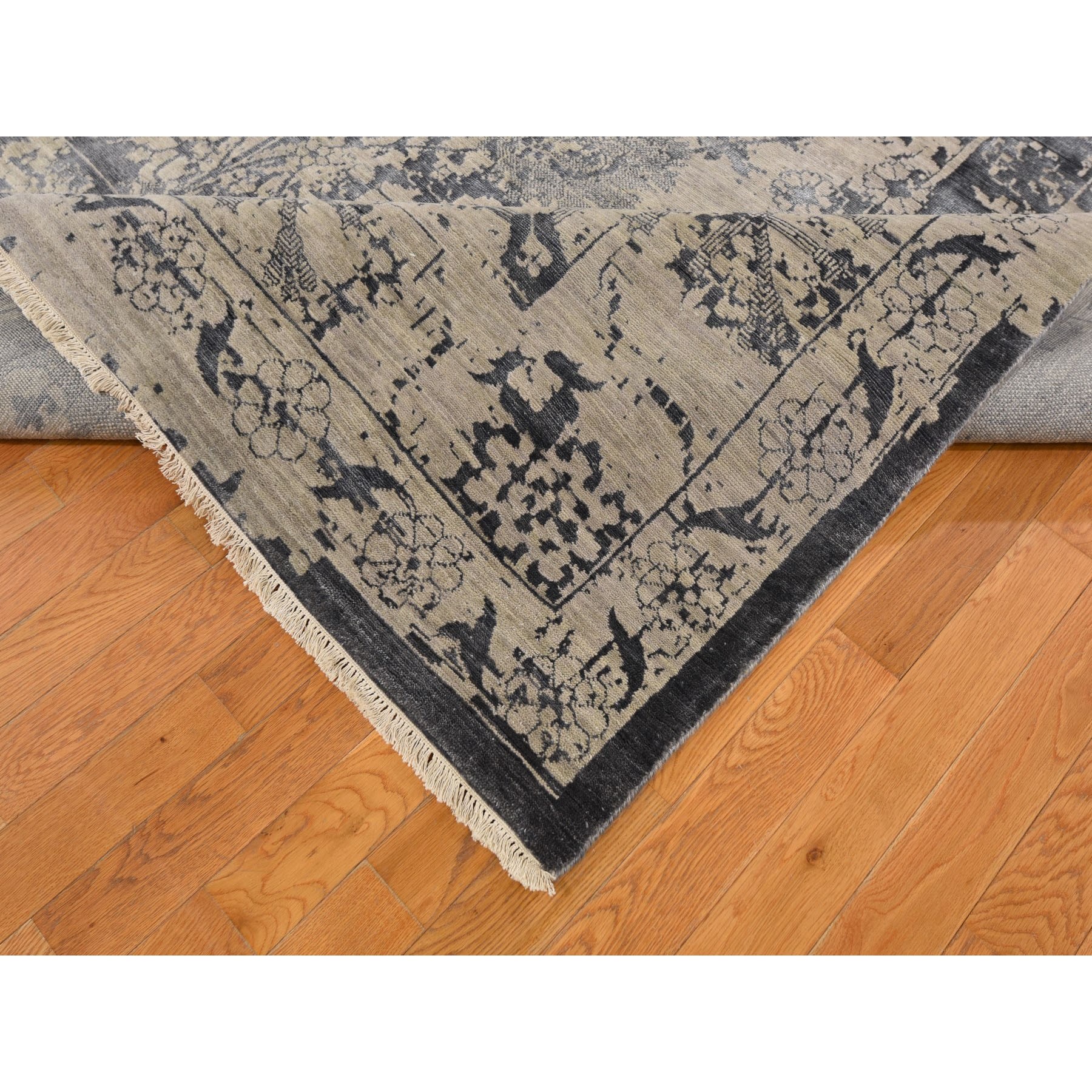 9'1"x12' Gray Wool And Silk Transitional Erased Persian Design Hand Woven Oriental Rug 