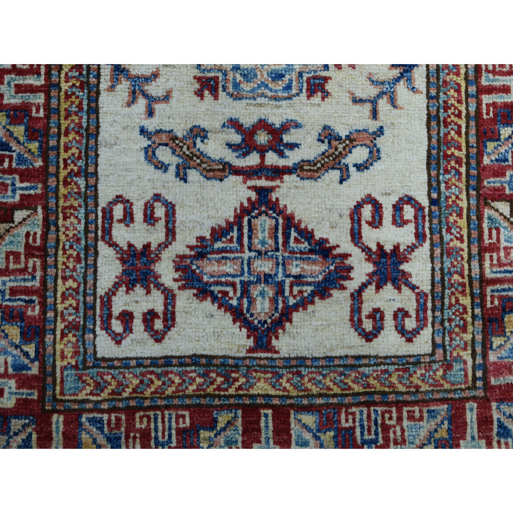 2'2"x3'1" Ivory Super Kazak Pure Wool Geometric Design Hand Woven Oriental Rug 