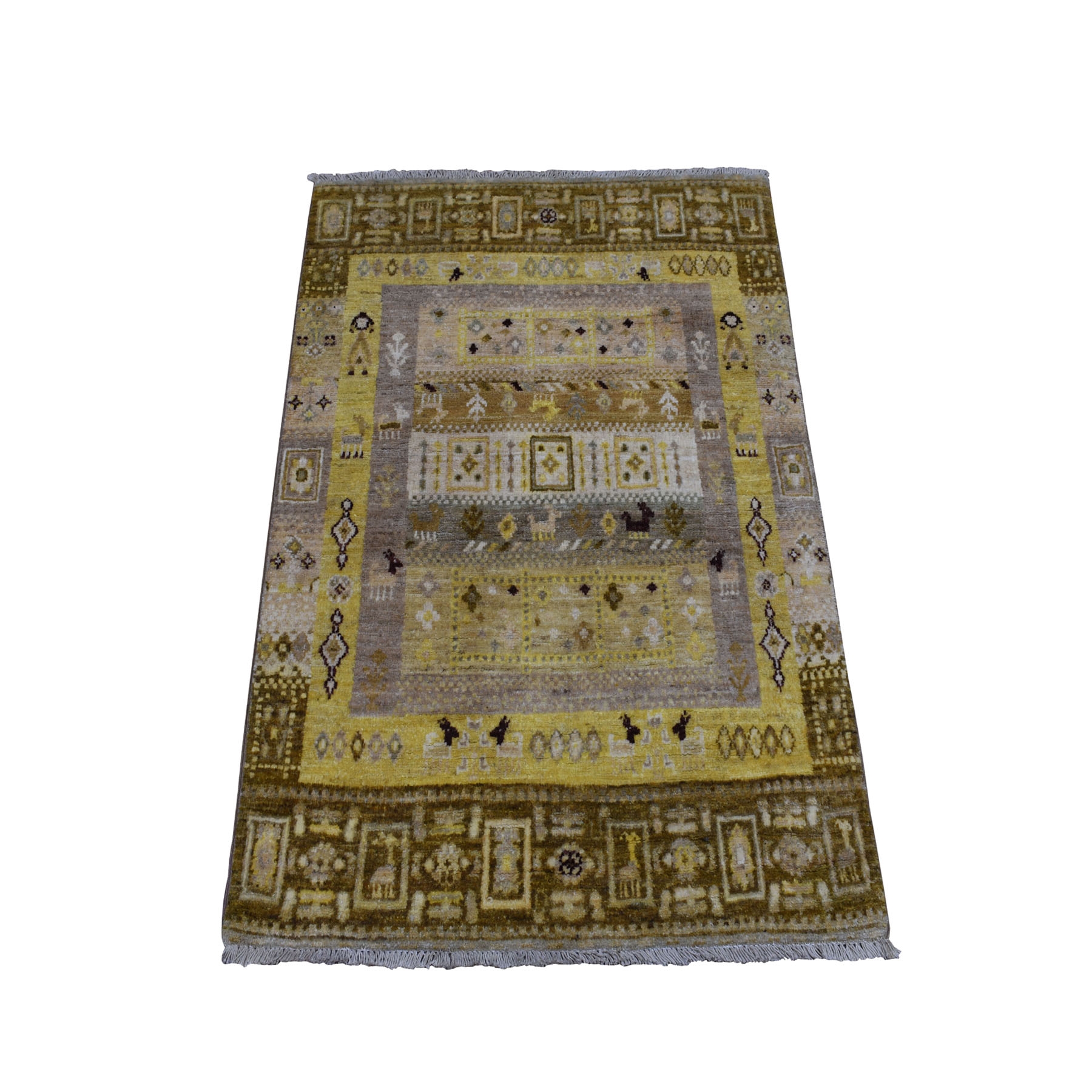 2'8"x3'9" Yellow Pure Wool Kashkuli Gabbeh Pictorial Hand Woven Oriental Rug 