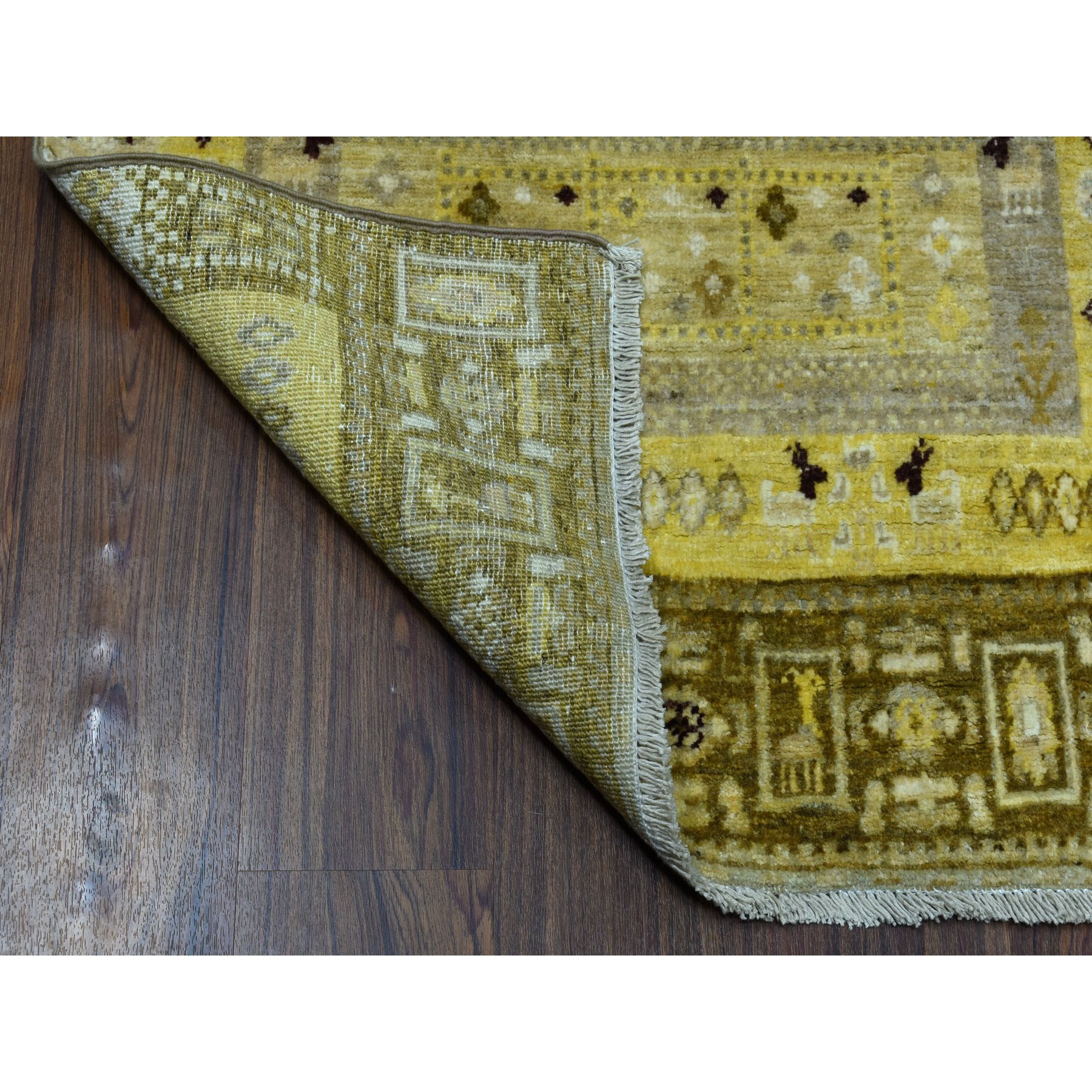 2'8"x3'9" Yellow Pure Wool Kashkuli Gabbeh Pictorial Hand Woven Oriental Rug 