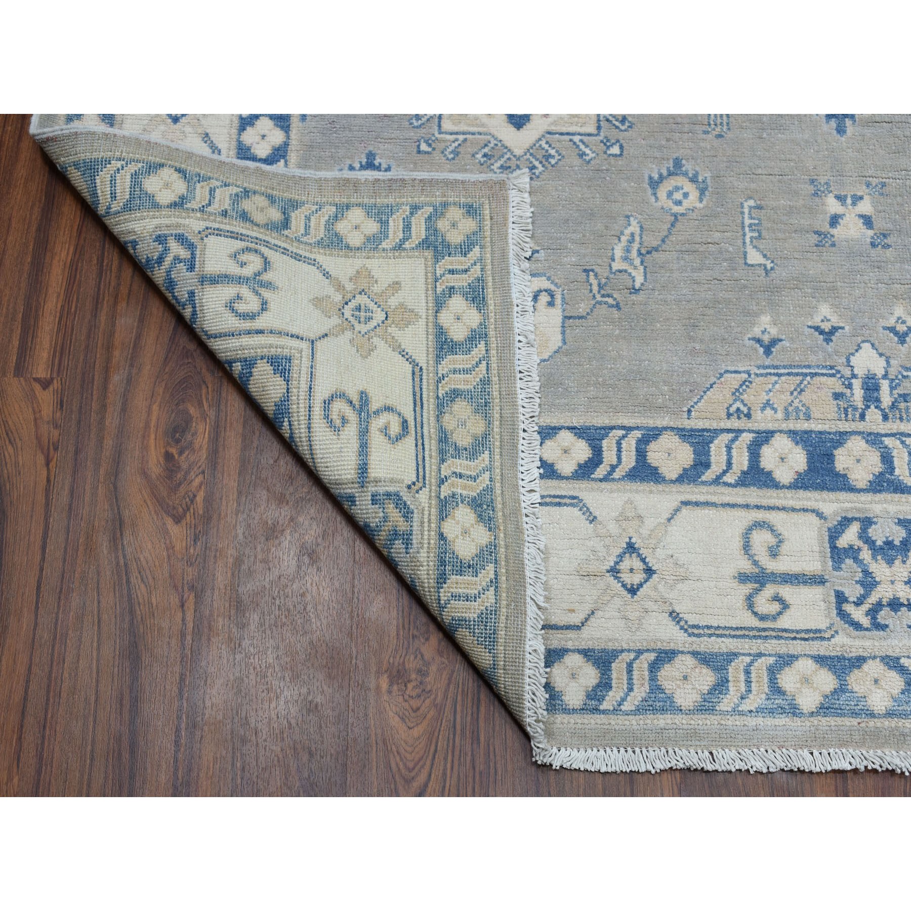 5'9"x8'9" Grey Vintage Look Kazak Geometric Design Pure Wool Hand Woven Oriental Rug 