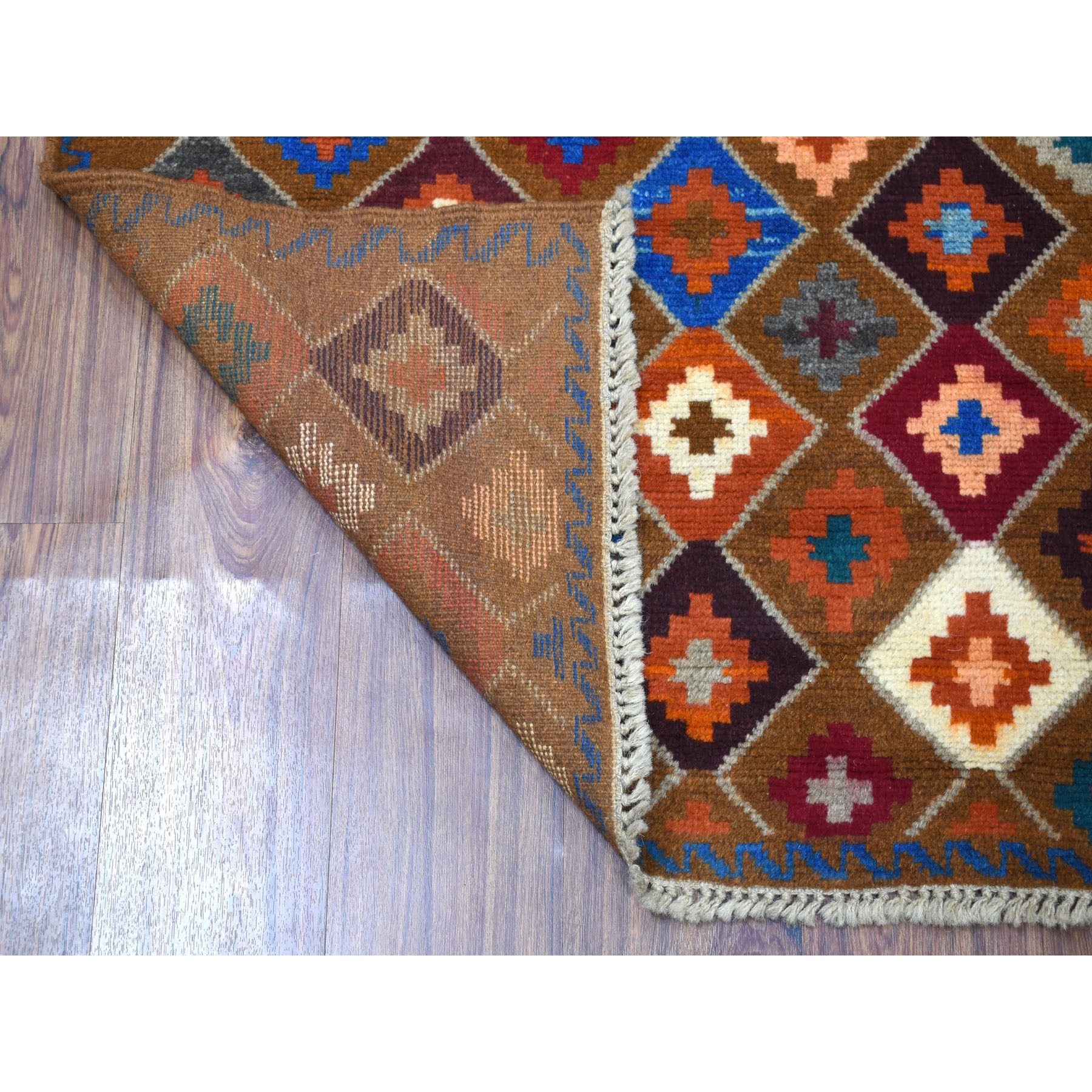 3'5"x4'10" Brown Geometric Design Colorful Afghan Baluch Pure Wool Hand Woven Oriental Rug 