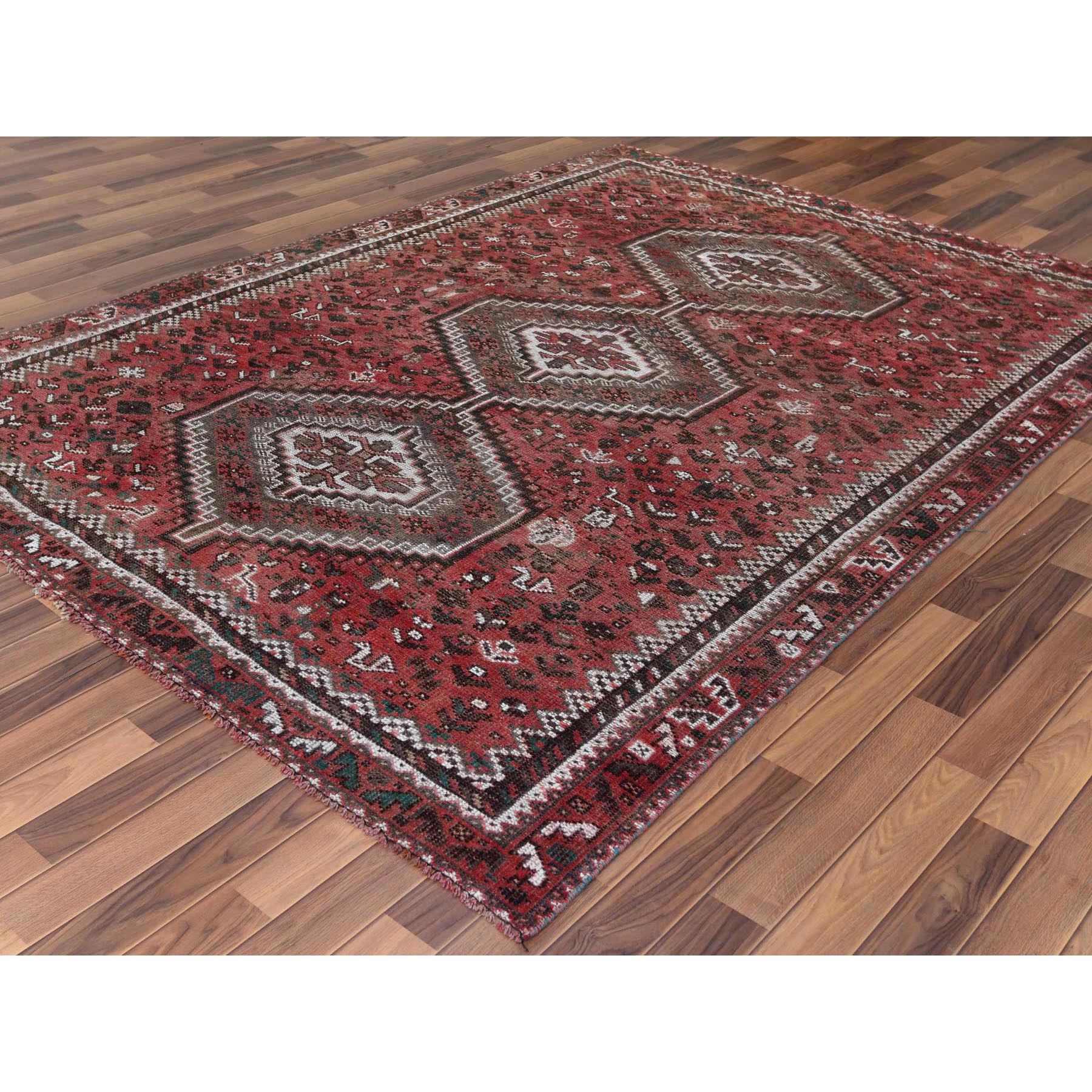 6'9"x9'6" Red Vintage and Worn Down Geometric Design Persian Shiraz Clean Hand Woven Oriental Rug 