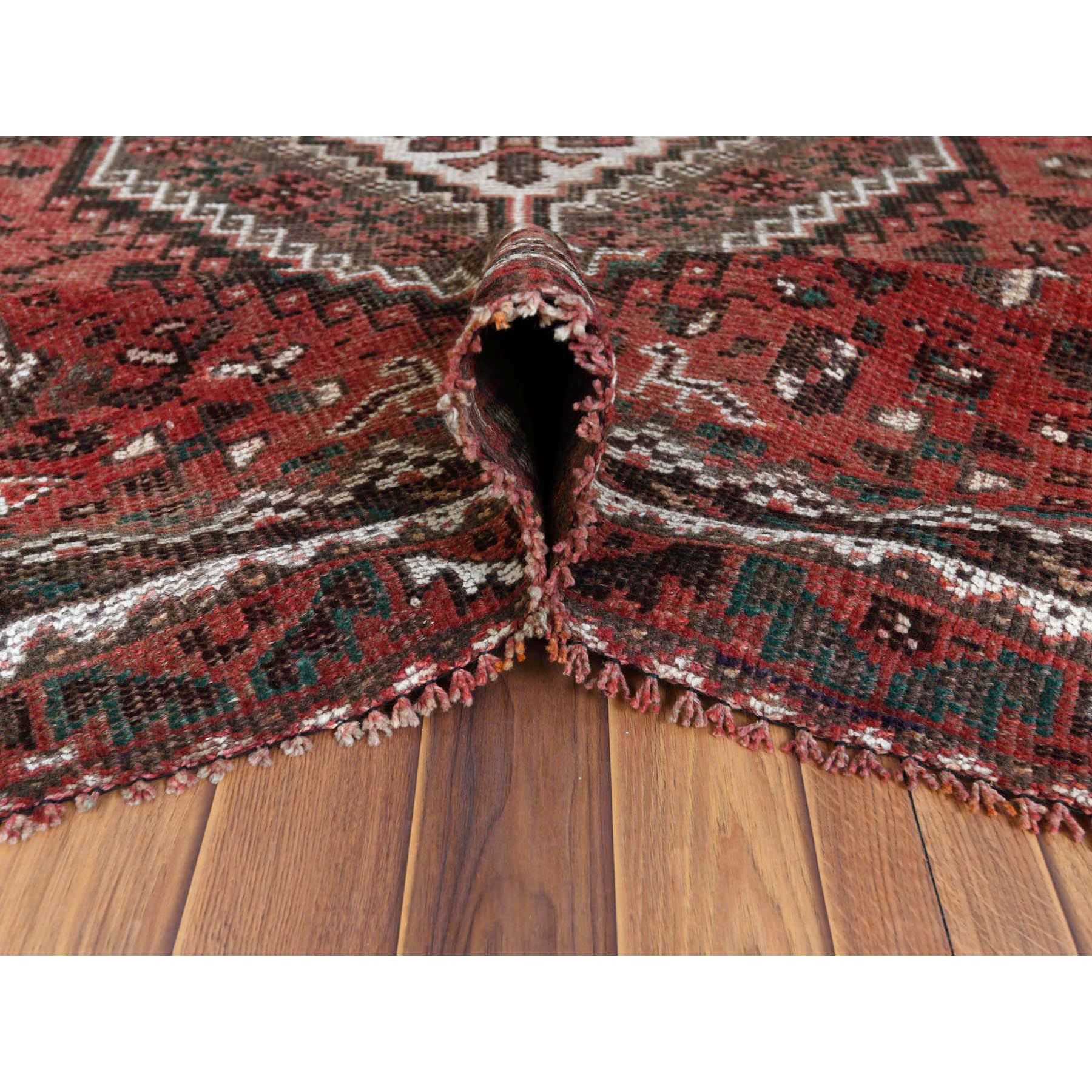 6'9"x9'6" Red Vintage and Worn Down Geometric Design Persian Shiraz Clean Hand Woven Oriental Rug 