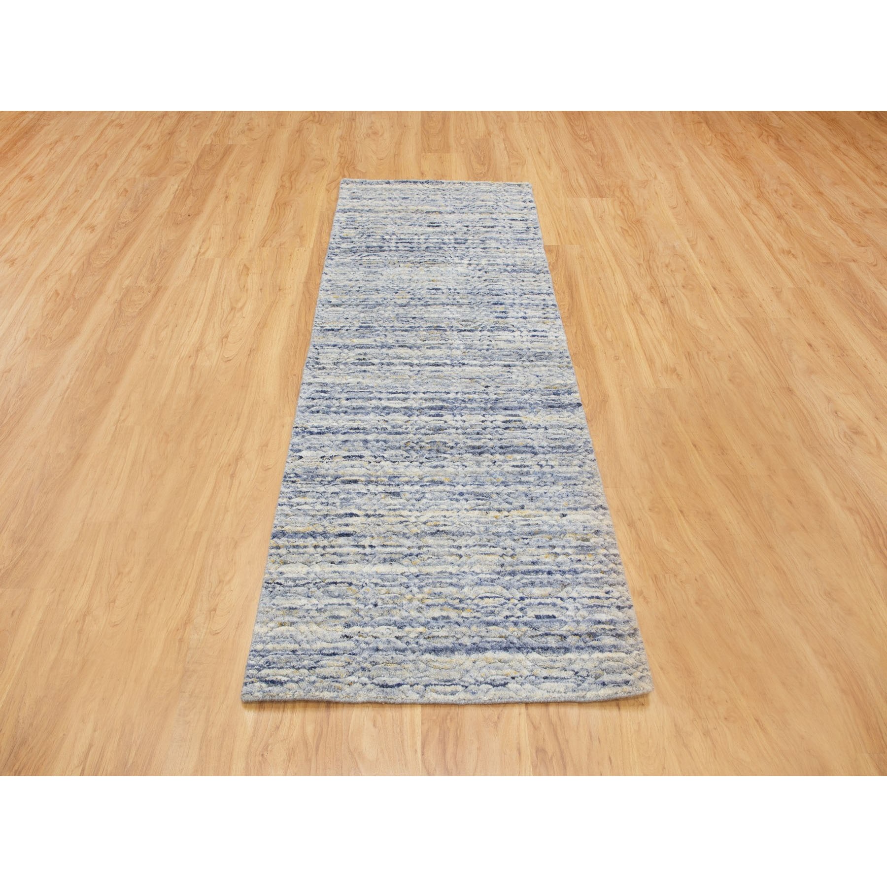 2'6"x8' Blue Variegated Textured Design Hand Loomed Runner Pure Wool Modern Oriental Rug 