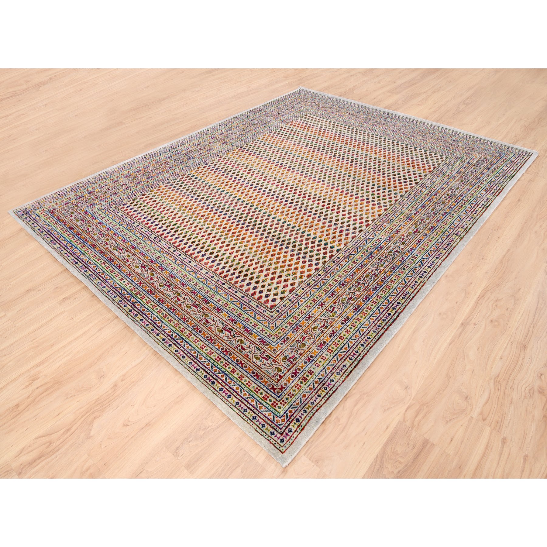 7'9"x10' Colorful Wool And Sari Silk Sarouk Mir Inspired With Repetitive Boteh Design Hand Woven Oriental Rug 