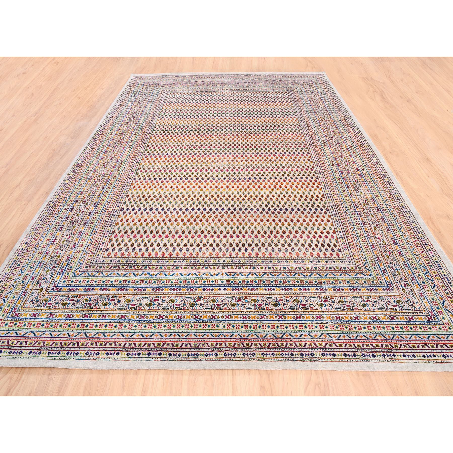 8'10"x12' Wool And Sari Silk Colorful Sarouk Mir Inspired with Repetitive Boteh Design Hand Woven Oriental Rug 