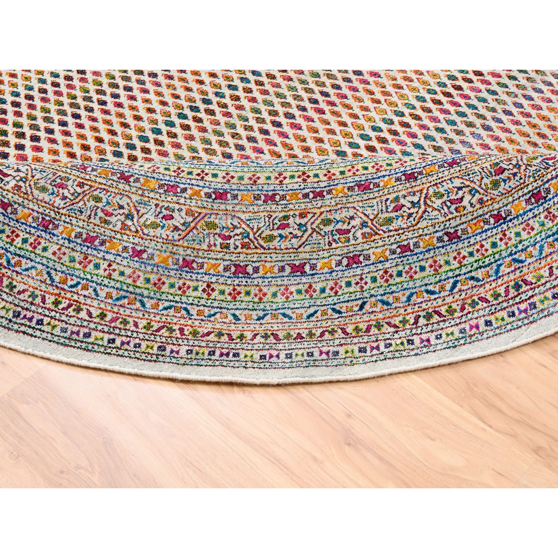 8'10"x8'10" Colorful Wool And Sari Silk Sarouk Mir Inspired With Repetitive Boteh Design Hand Woven Oriental Round Rug 