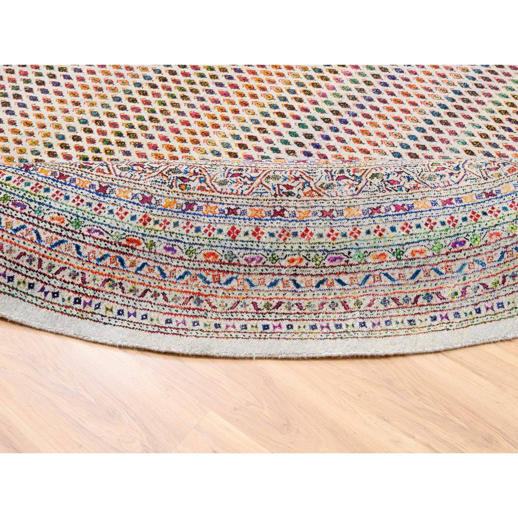 12'x12' Round Colorful Wool And Sari Silk Sarouk Mir Inspired With Multiple Borders Hand Woven Oriental Rug 