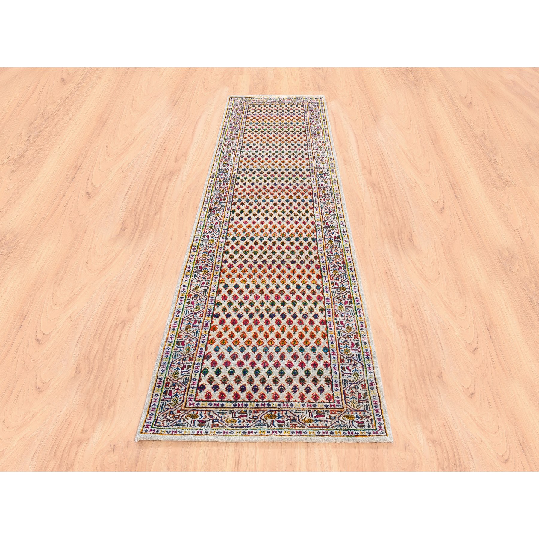 2'4"x10'2" Colorful Wool And Sari Silk Sarouk Mir Inspired With Multiple Borders Hand Woven Oriental Runner Rug 