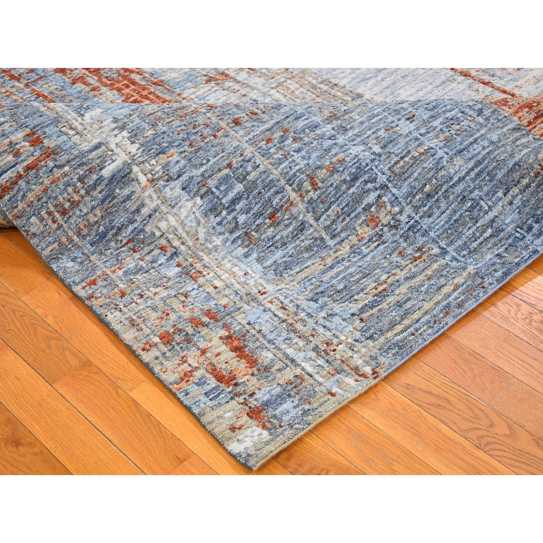 9'x12'2" Red Hi-Low Pile Abstract Design Denser Weave Wool and Silk Hand Woven Oriental Rug 
