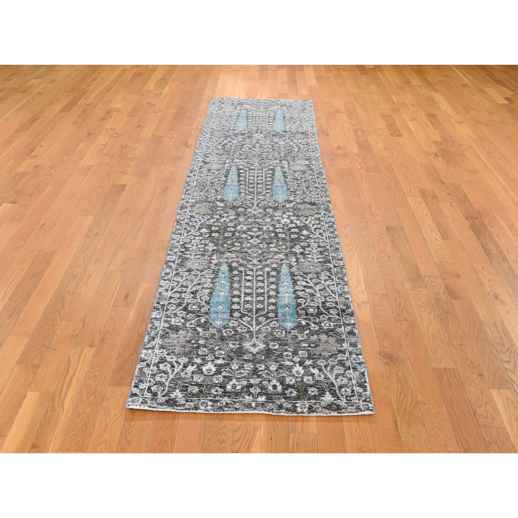2'7"x10'1" Charcoal Black Cypress Tree Design Silk with Textured Wool Hand Woven Runner Oriental Rug 
