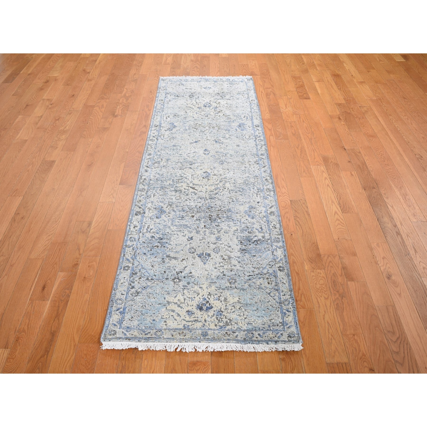 2'6"x8' Ivory Distressed Oushak Pure Silk with Textured Wool Runner Hand Woven Oriental Rug 