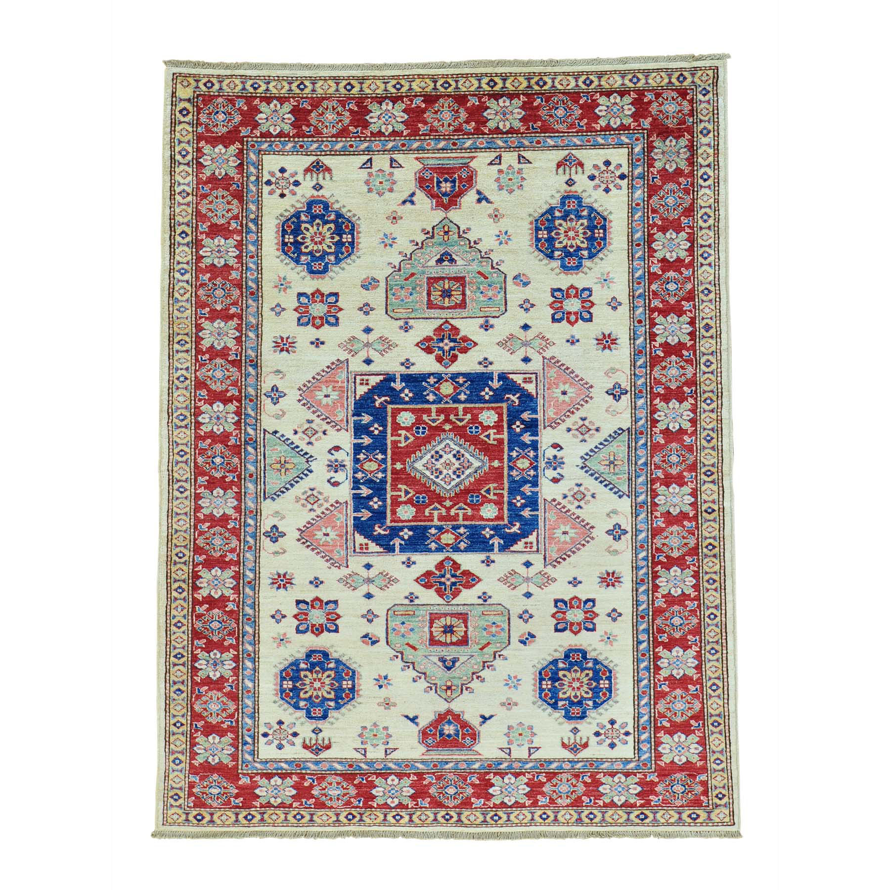 4'10"x6'4" Super Kazak Geometric Design Pure Wool Hand Woven Rug 