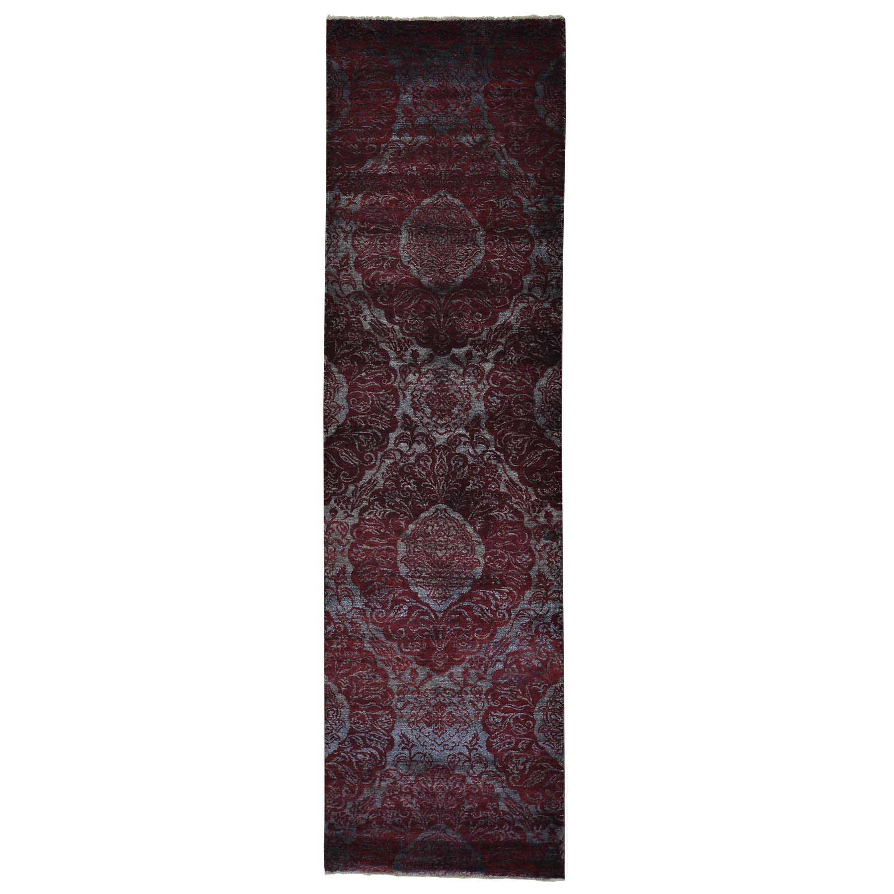 2'9"x9'9" Damask Runner Wool and Silk Tone on Tone Hand Made Oriental Rug 
