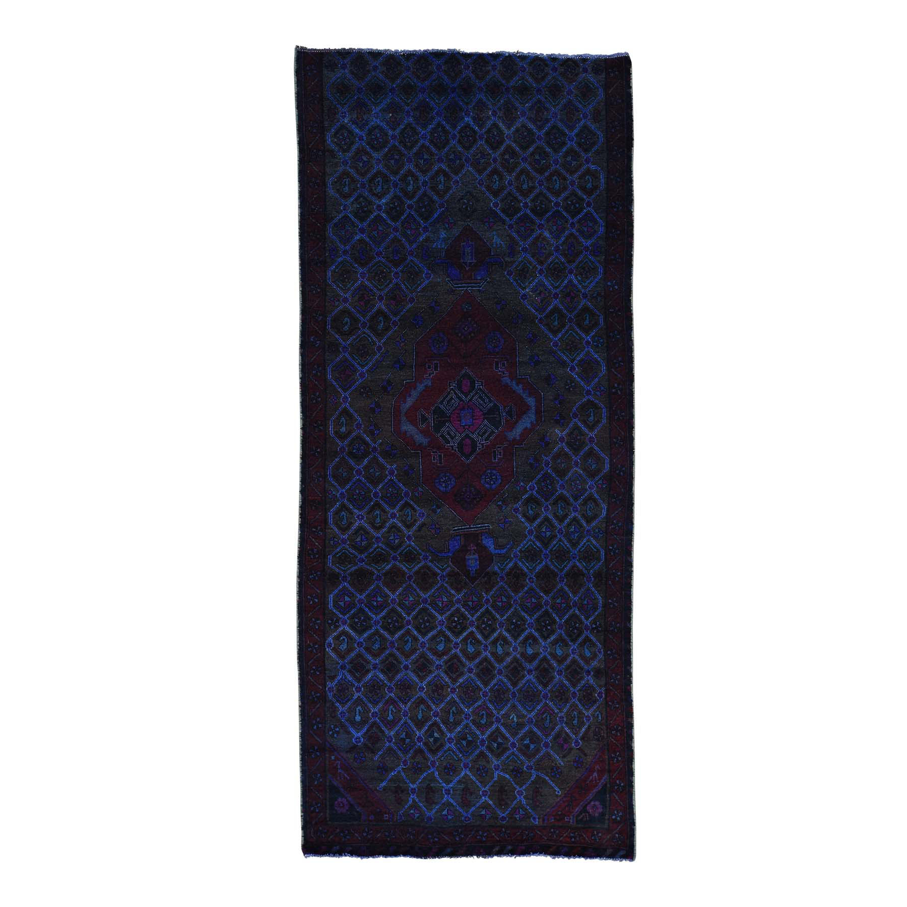 4'x9'6" Hand Made Wide Runner Overdyed Persian Hamadan Vintage Rug 