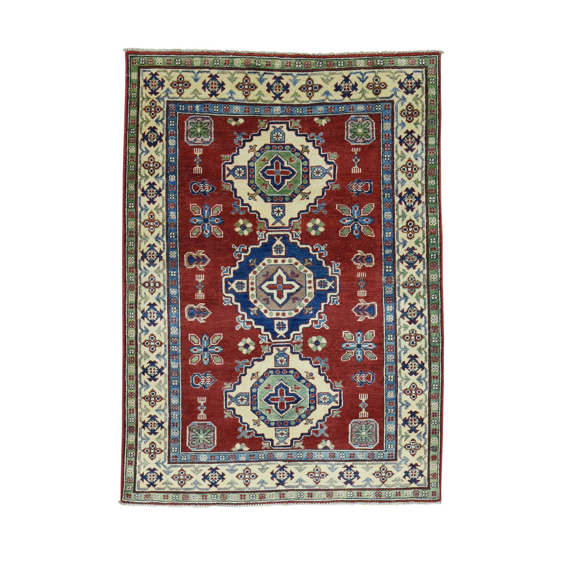 4'1"x5'9" Pure Wool Hand Woven Tribal Design Kazak Oriental Rug 