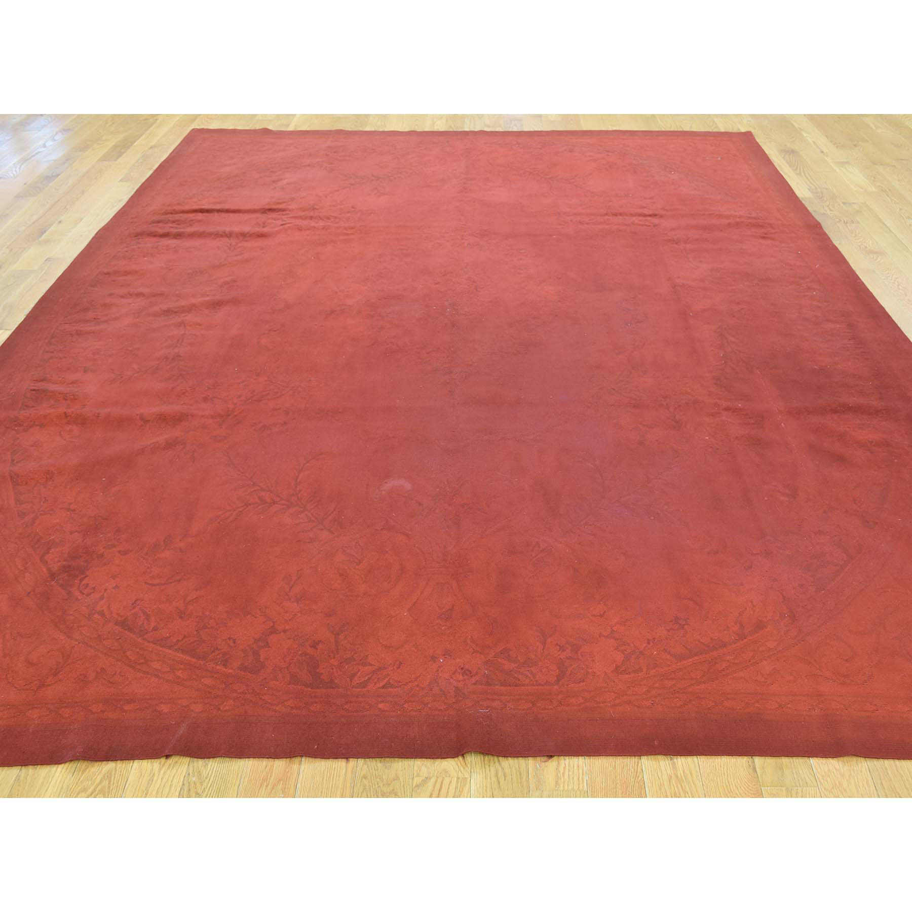 7'8"x10'3" Red Cast Hand-Woven Pure Wool Overdyed Aubusson Oriental Rug 