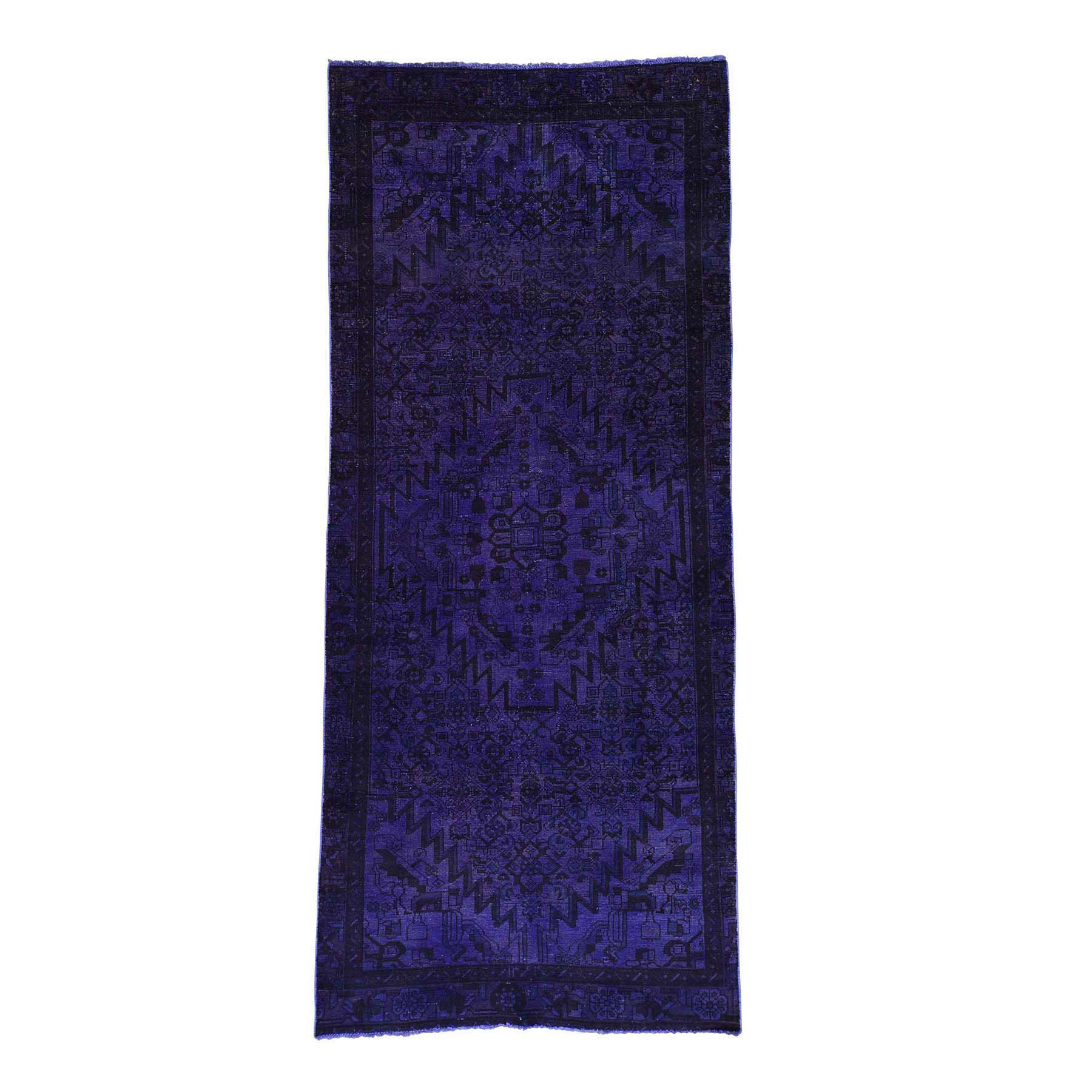4'x10'6" Hand Woven Purple Overdyed Hamadan Pure Wool Wide Runner Rug 