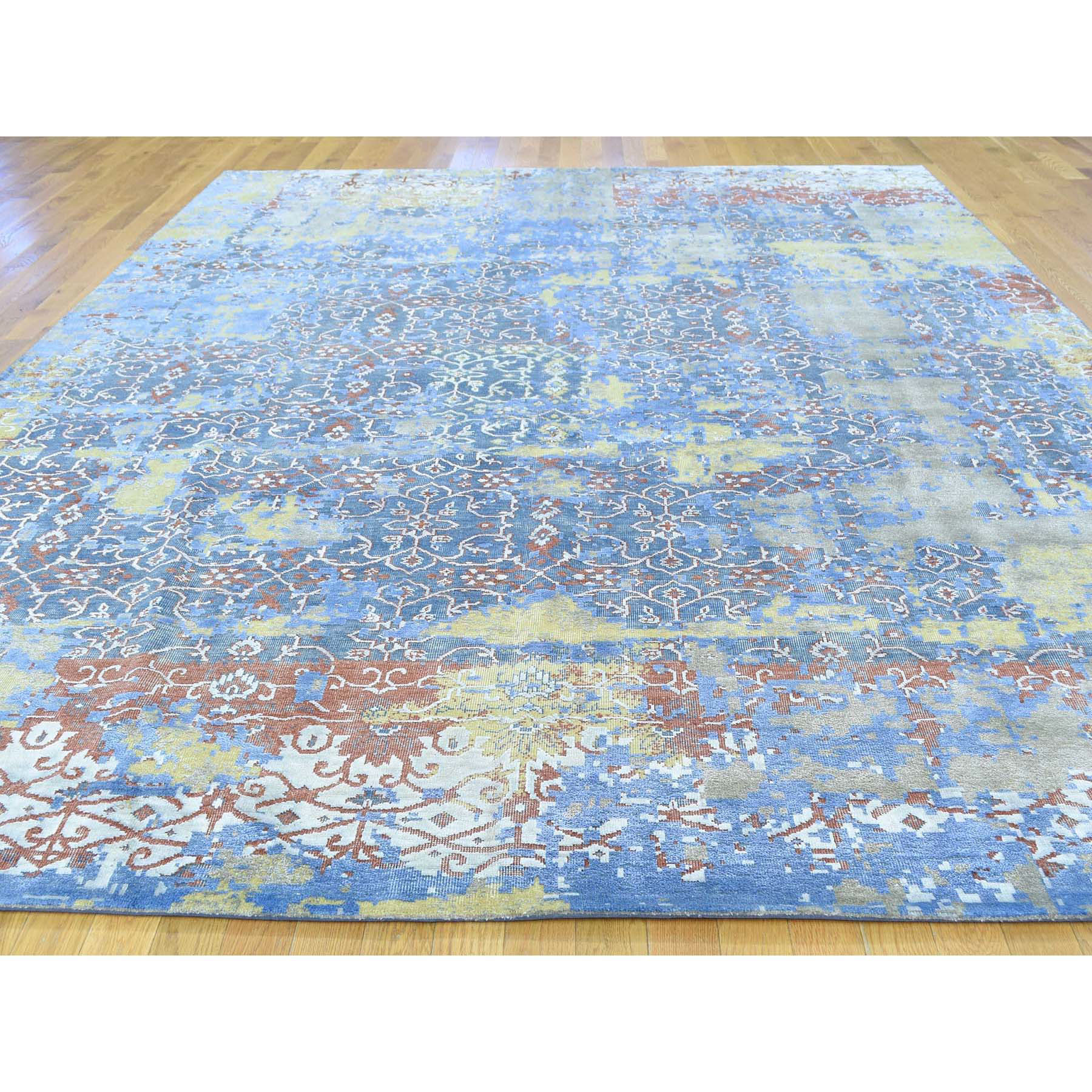 9'9"x14' Textured Wool With Silk Abstract Design Hand Made Rug 