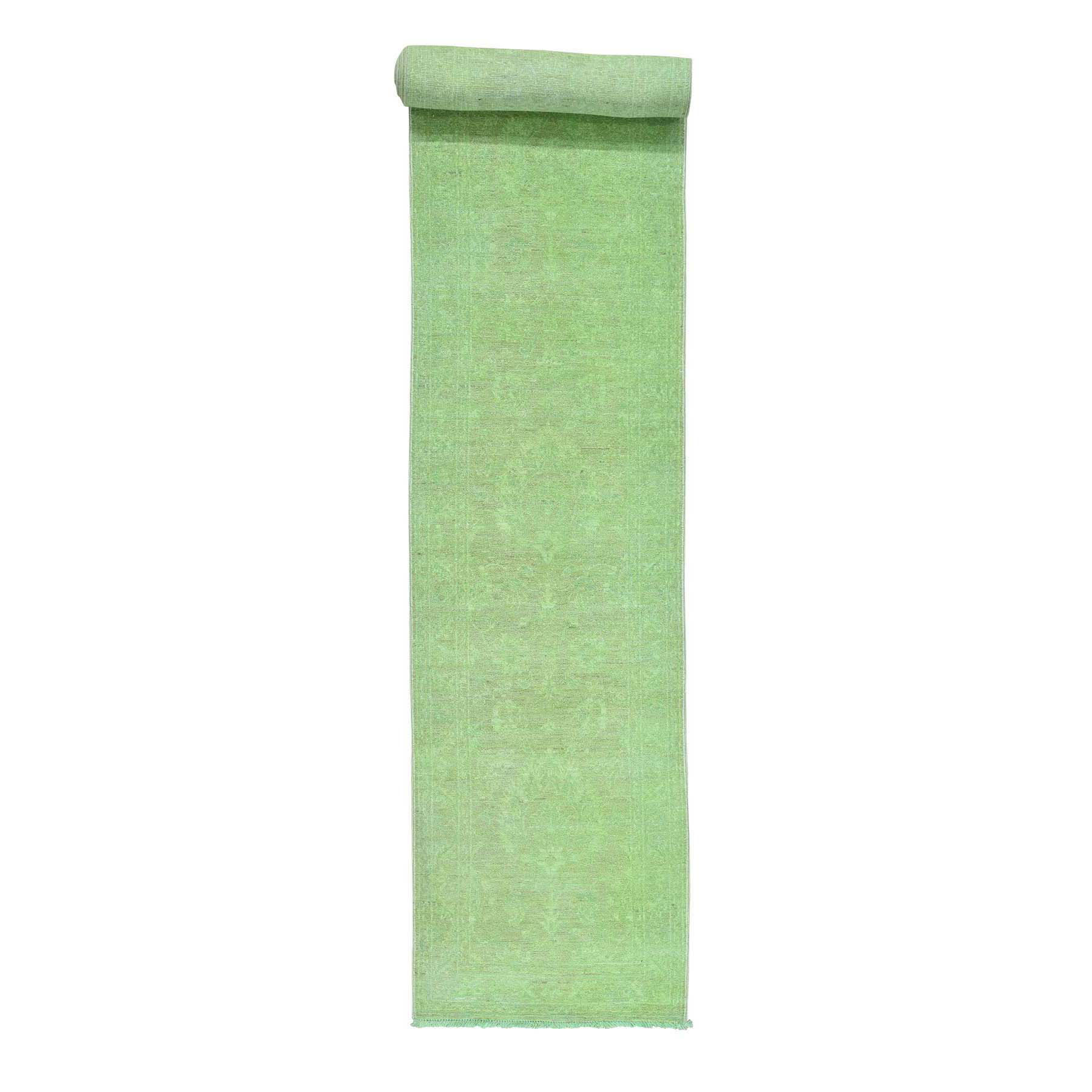 2'7"x16'1" Hand Woven Green Peshawar Overdyed Pure Wool XL Runner Rug 