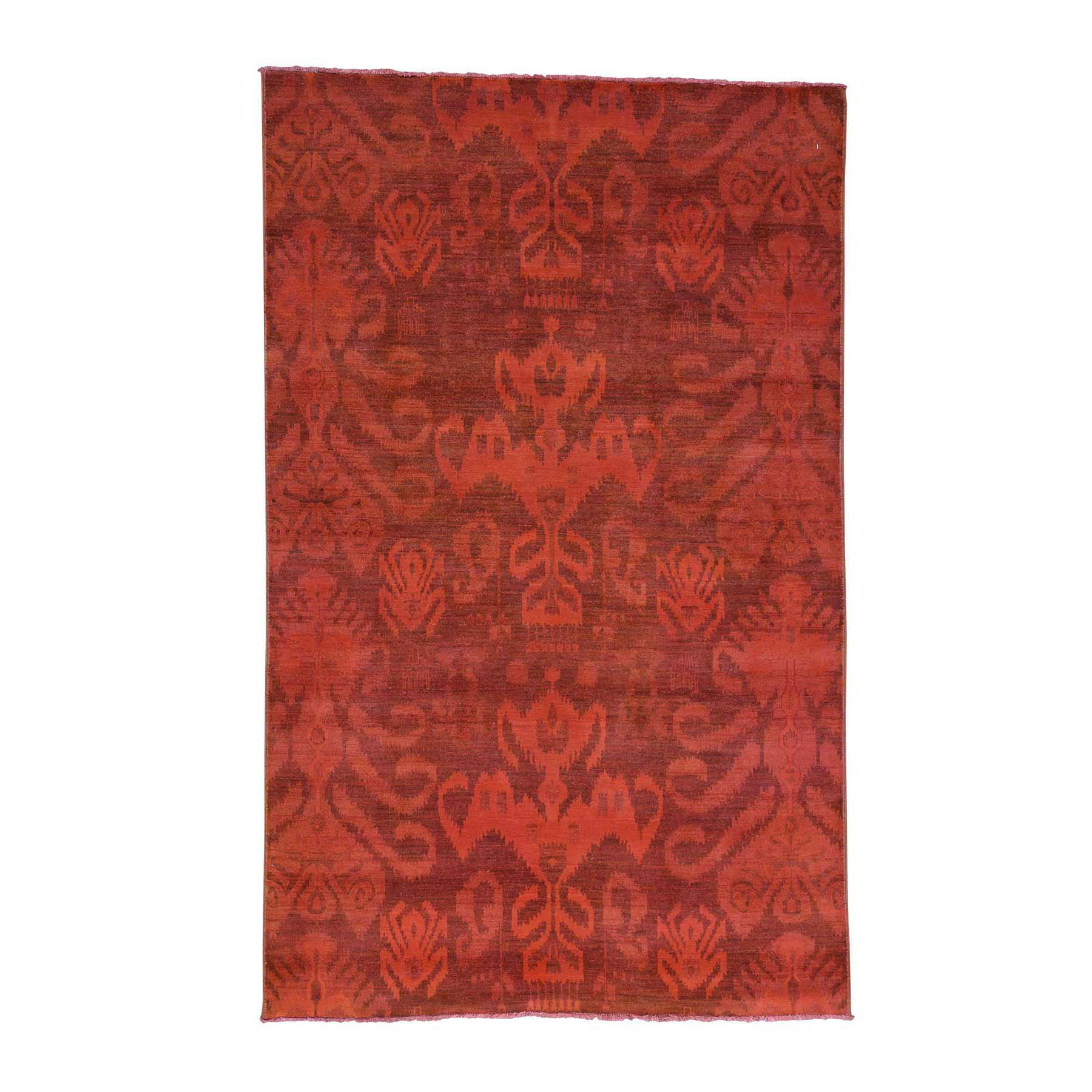 5'2"x8'3" Hand Woven Red Cast Overdyed Ikat Pure Wool Oriental Rug 