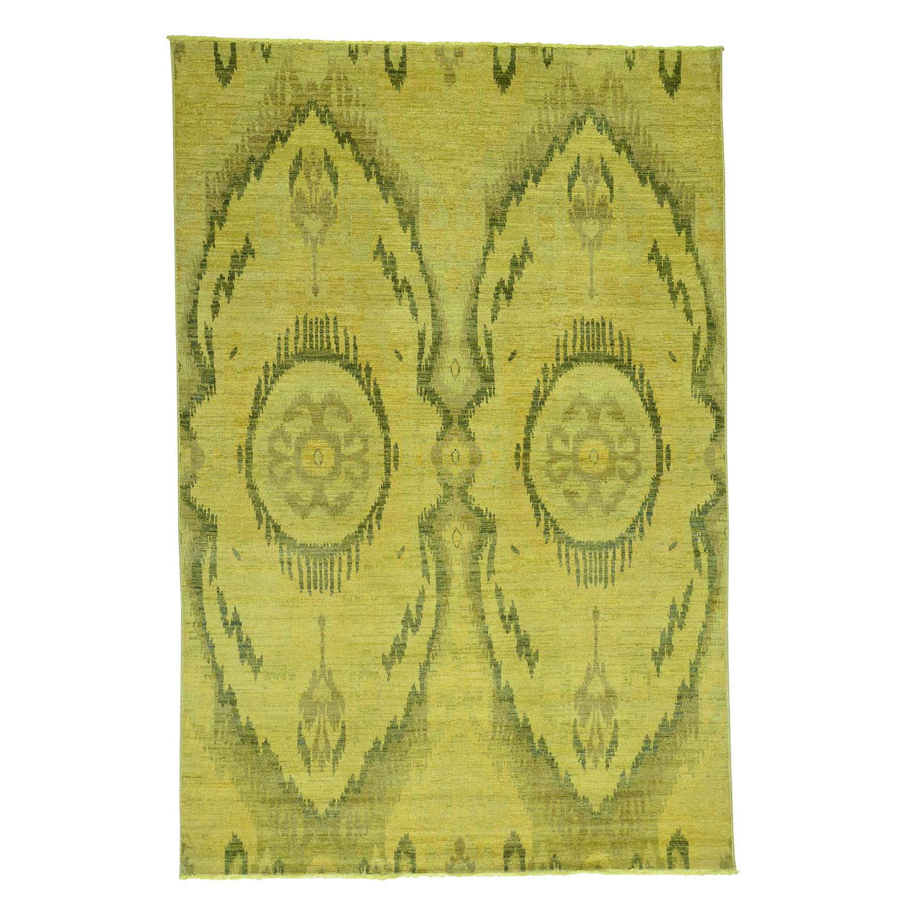 6'2"x9'2" Hand Woven Gold Cast Ikat Overdyed Pure Wool Oriental Rug 