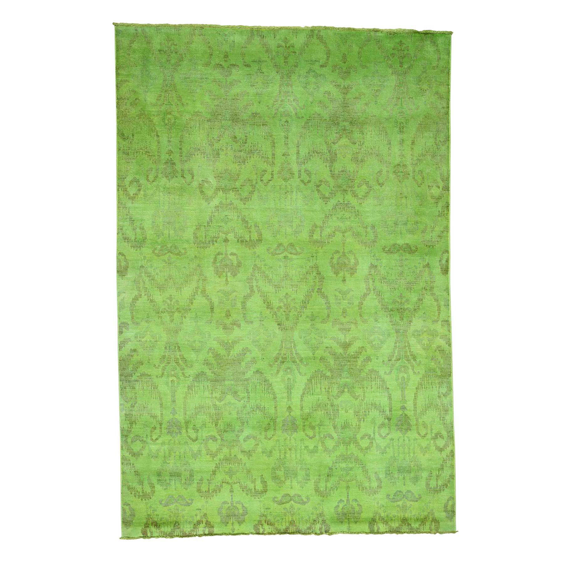 6'1"x9'1" Hand Woven Green Cast Ikat Overdyed Pure Wool Oriental Rug 