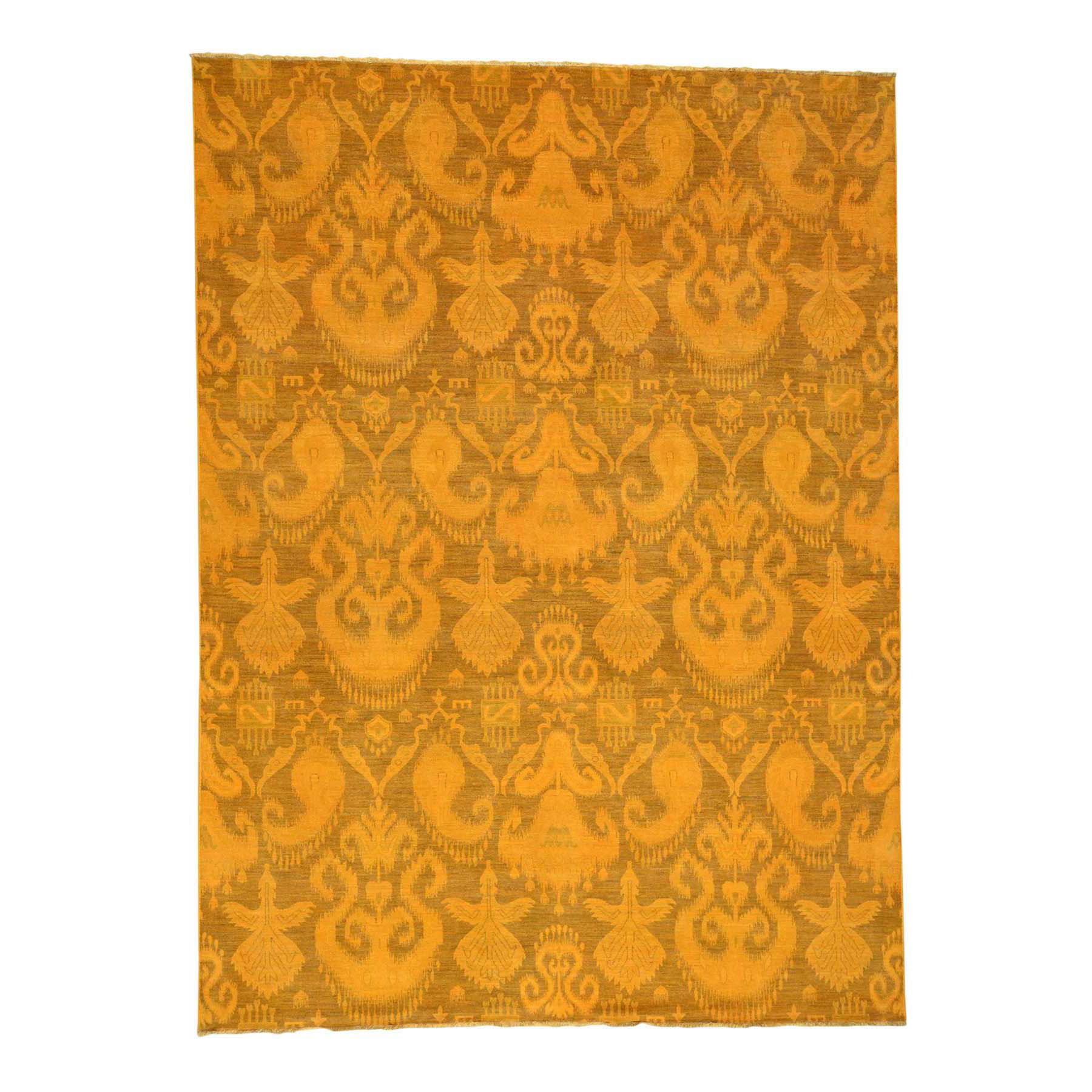 9'1"x12'3" Hand Woven Pure Wool Orange Overdyed Ikat Oriental Rug 
