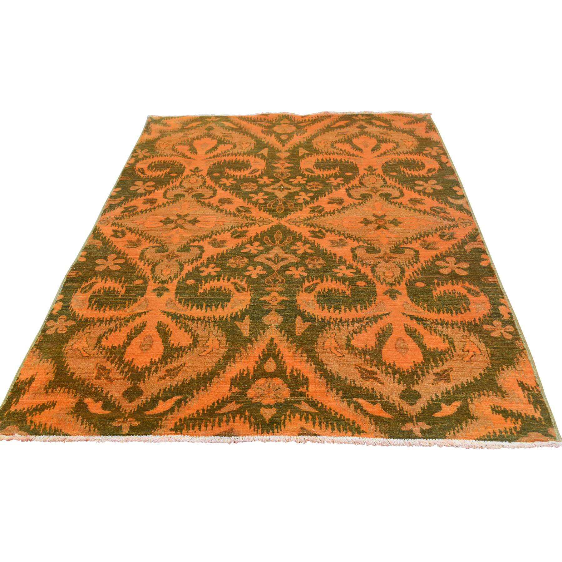 4'1"x6'1" Hand Woven Orange Cast Ikat Overdyed Pure Wool Oriental Rug 