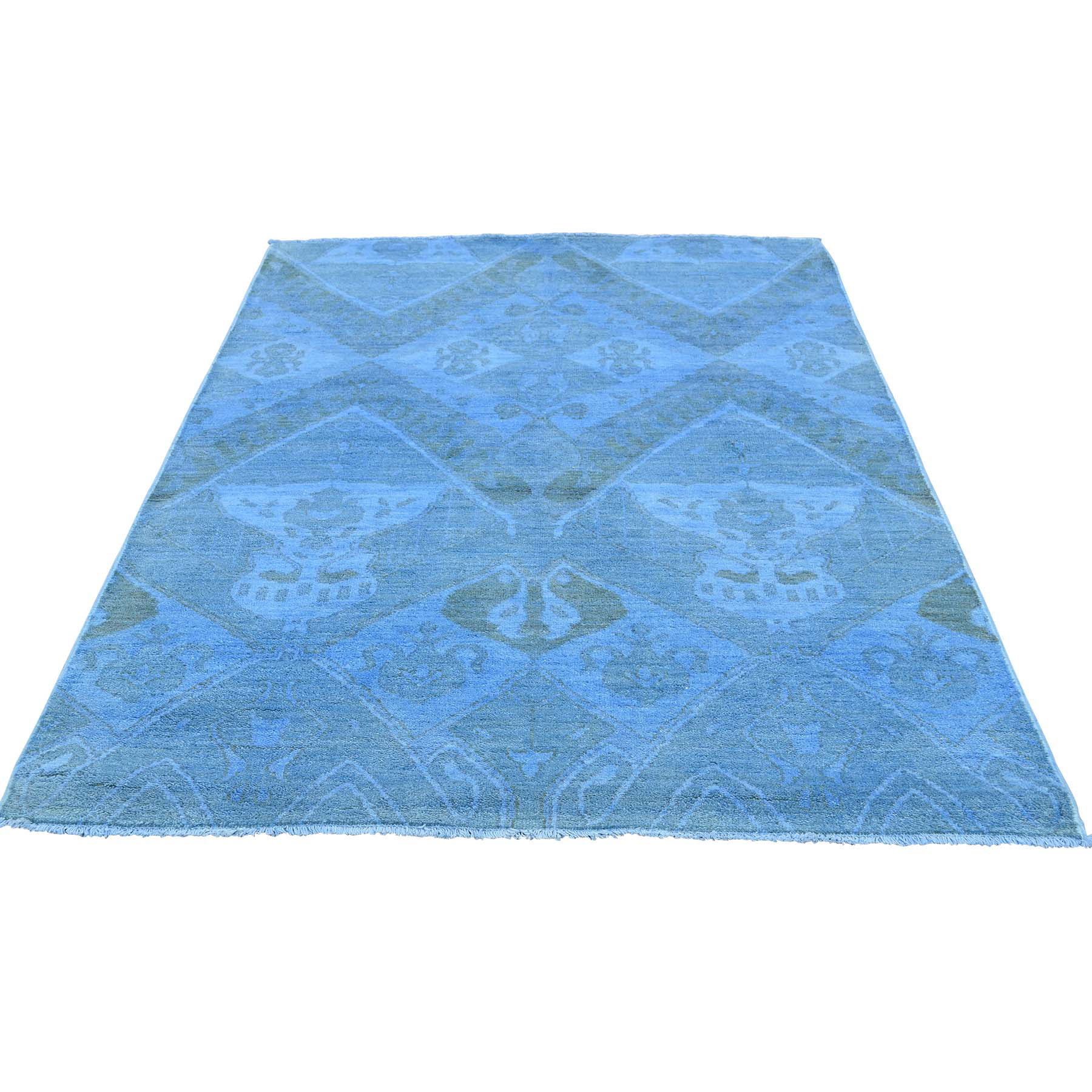 4'1"x5'7" Hand Woven Sky Blue Cast Ikat Overdyed Pure Wool Oriental Rug 