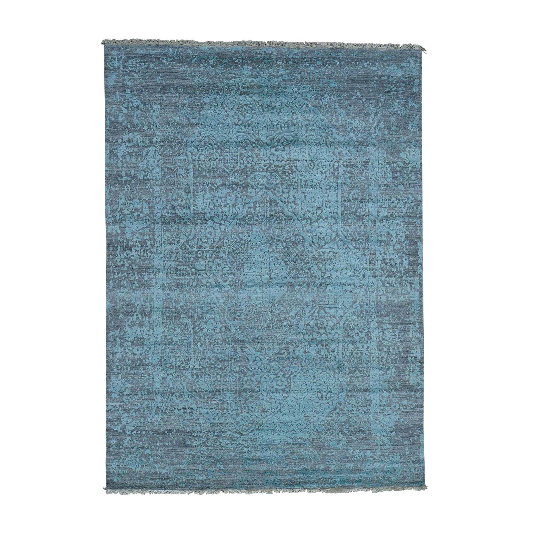 5'x6'10" Seafoam Green Hand Woven Wool and Silk Broken Persian Design Oriental Rug 