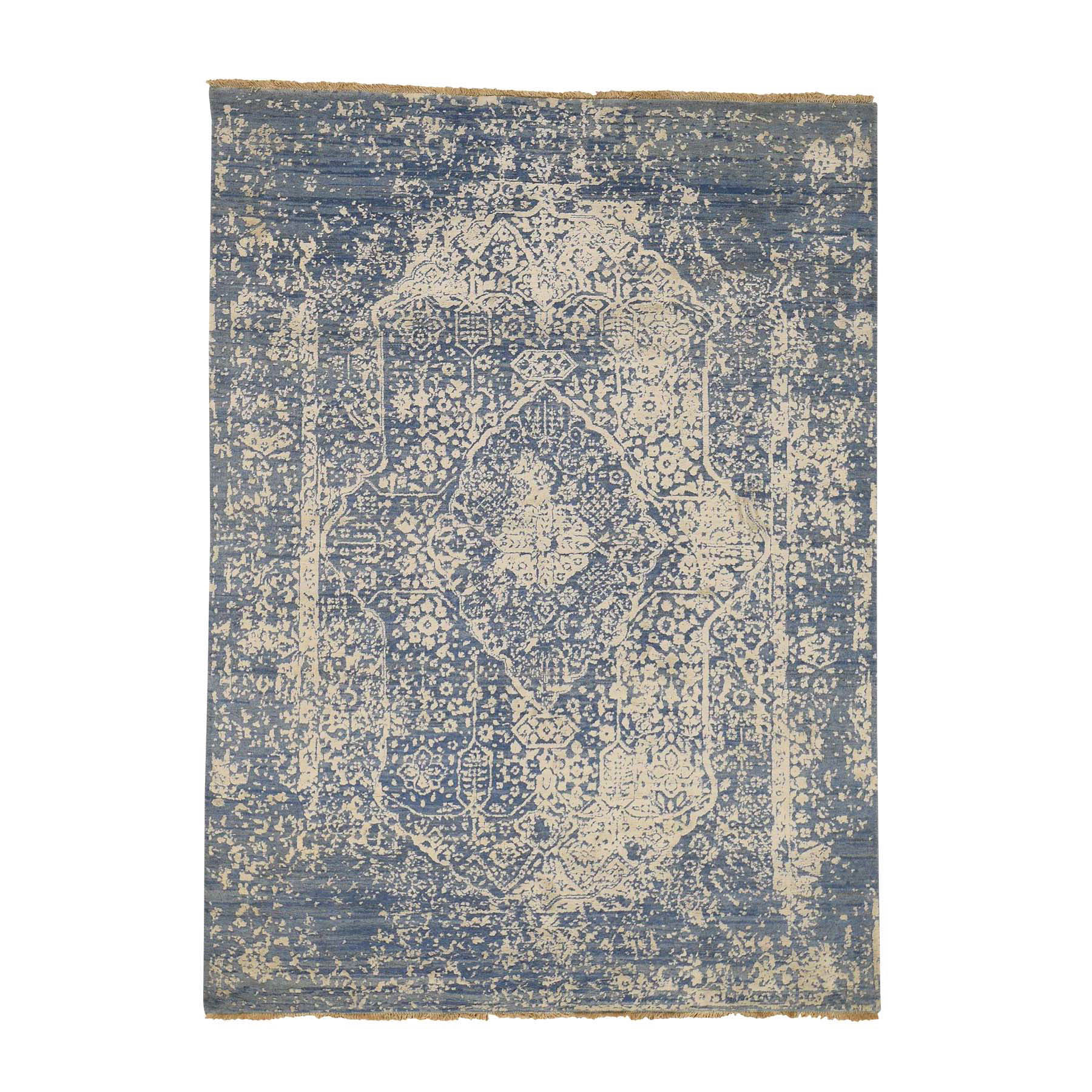 5'1''x7' Denim Blue Wool and Pure Silk Hand Woven Broken Persian Design Rug 