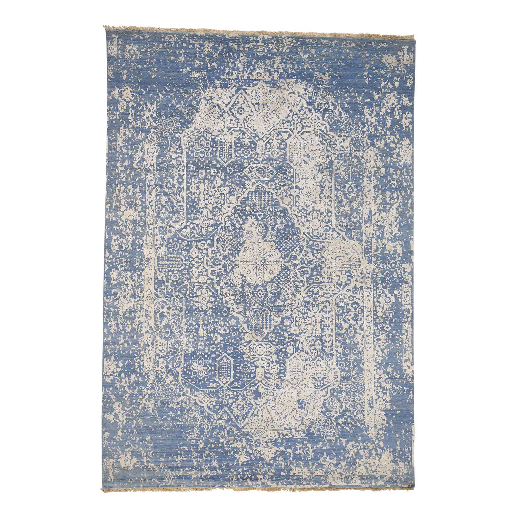 6'1''x9' Denim Blue Wool and Pure Silk Hand Woven Broken Persian Design Rug 
