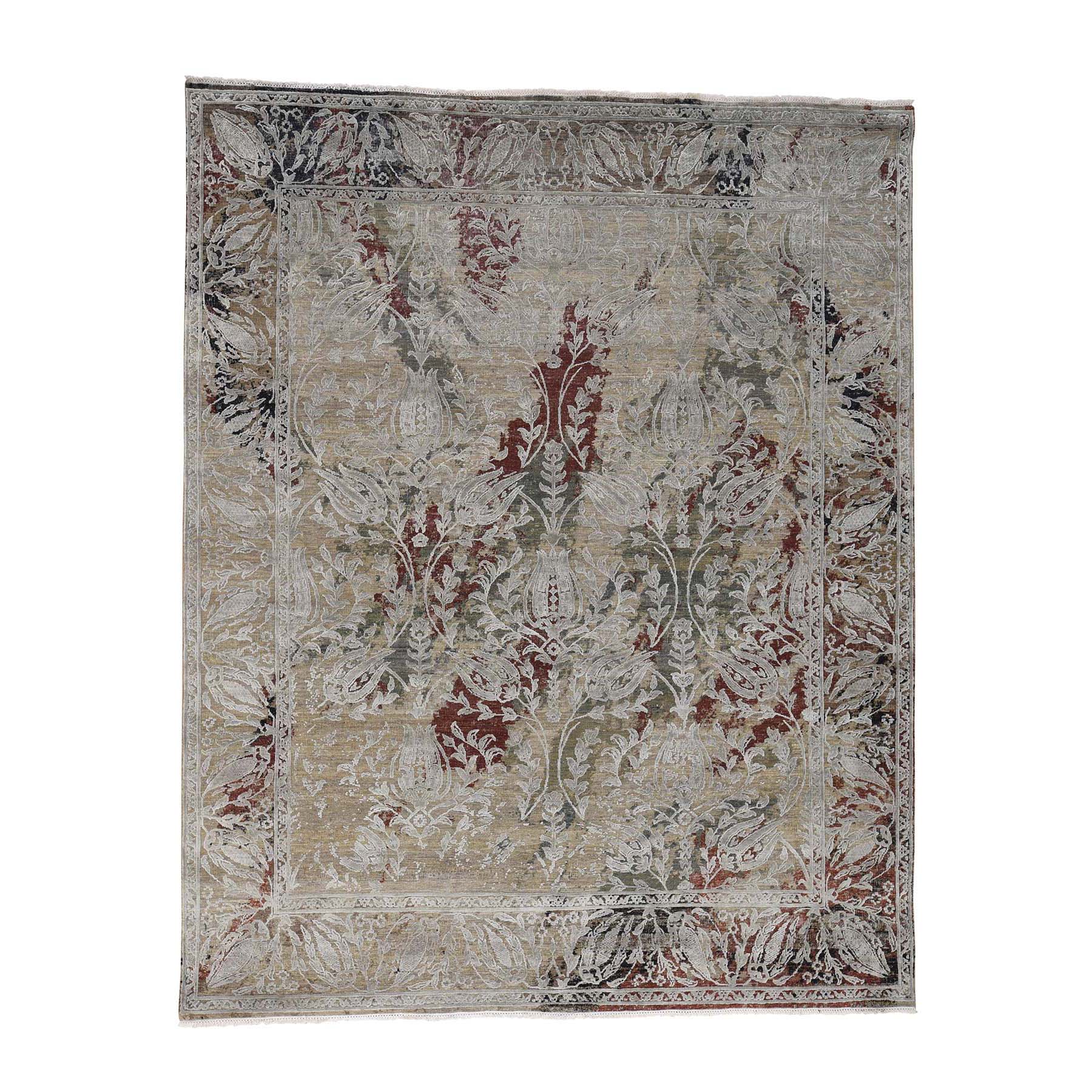 8'1''x10'1' Silk With Textured Wool Broken Tulip Design Hand Woven Oriental Rug 
