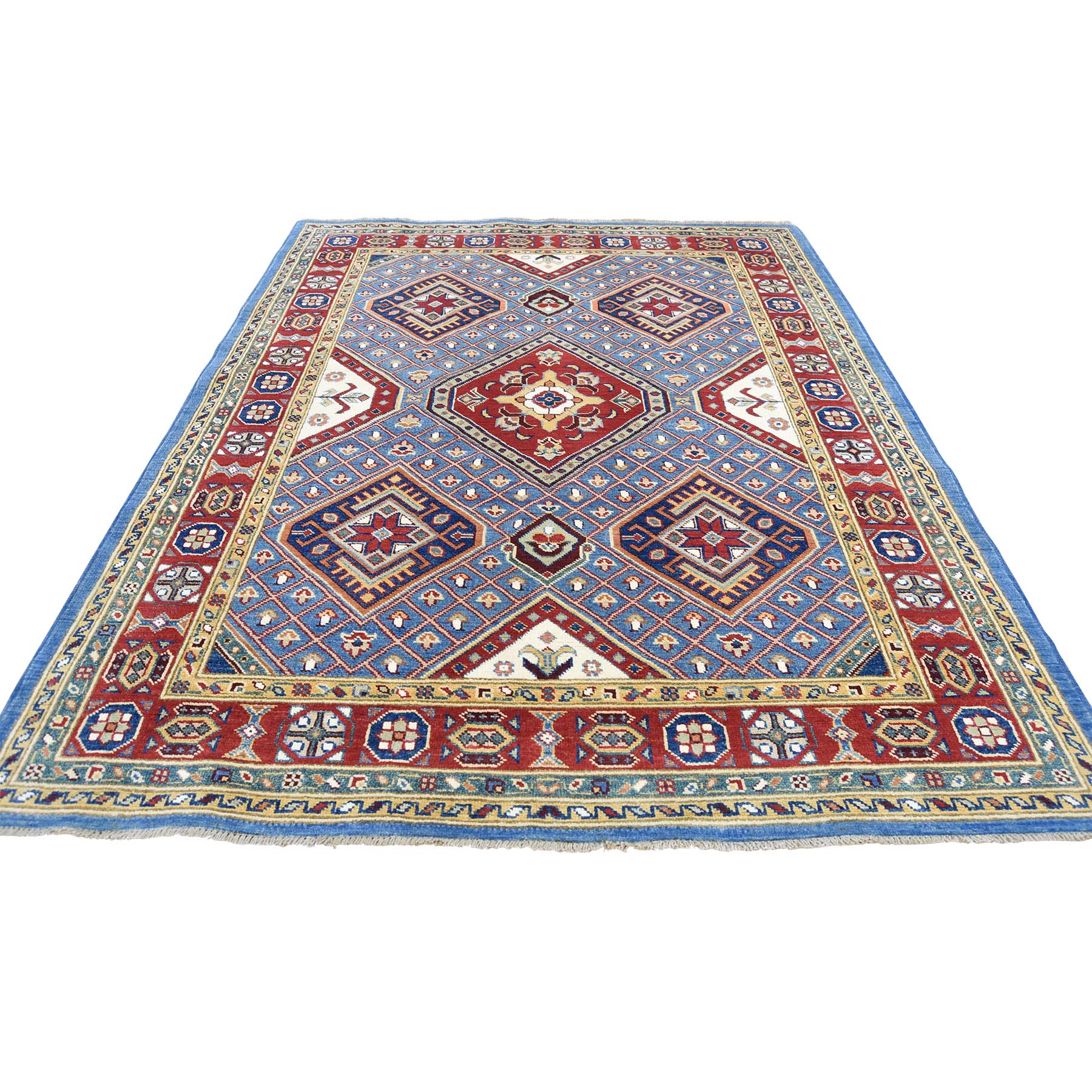 5'1''x6'6'' Sky Blue Special Kazak Pure Wool Hand Woven Oriental Rug 