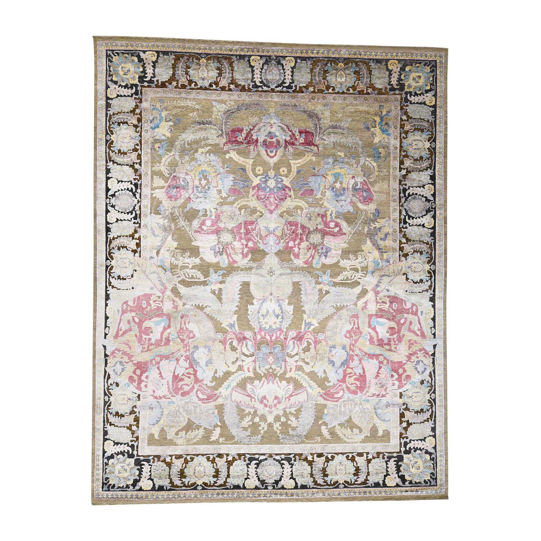 11'8''x15' Bronze Arts And Crafts Design Silk with Textured Wool Hand Woven Oversize Rug 