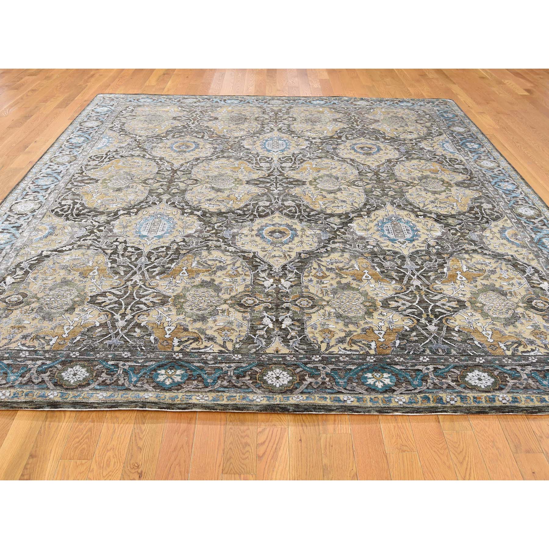 8'4''x9'9'' Silk with Textured Wool Ancient Cartouche Design Hand Woven Rug 