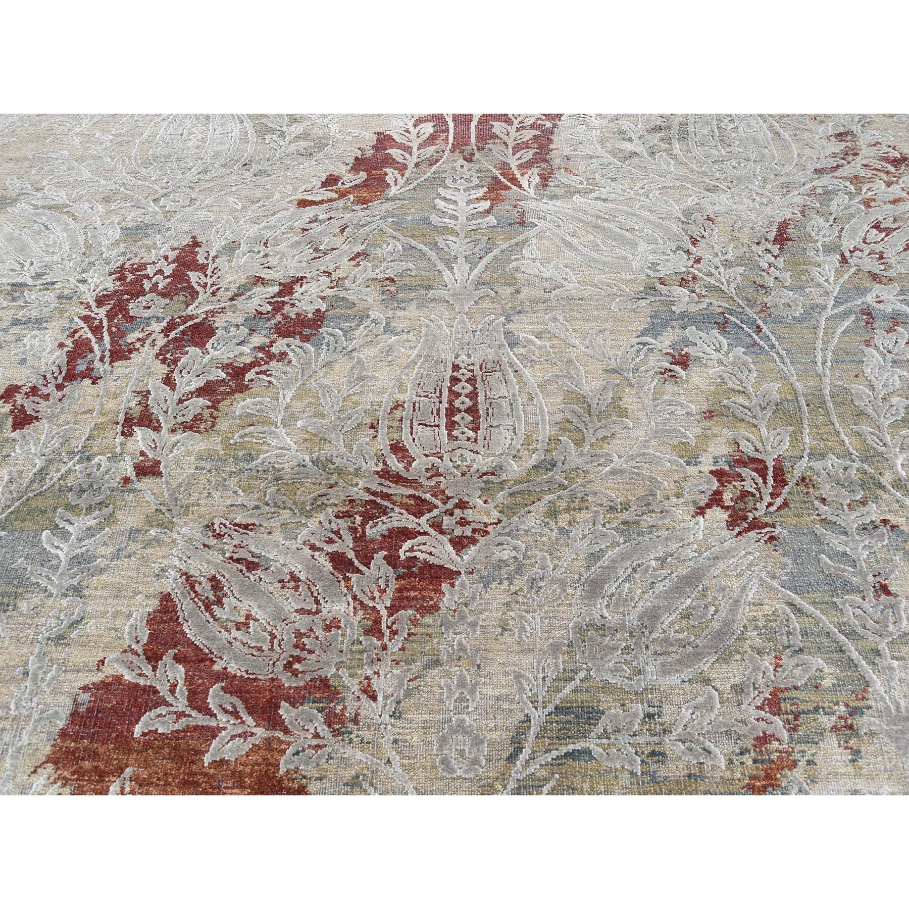 9'1"x12'2" Silk With Textured Wool Broken Tulip Design Hand Woven Oriental Rug 