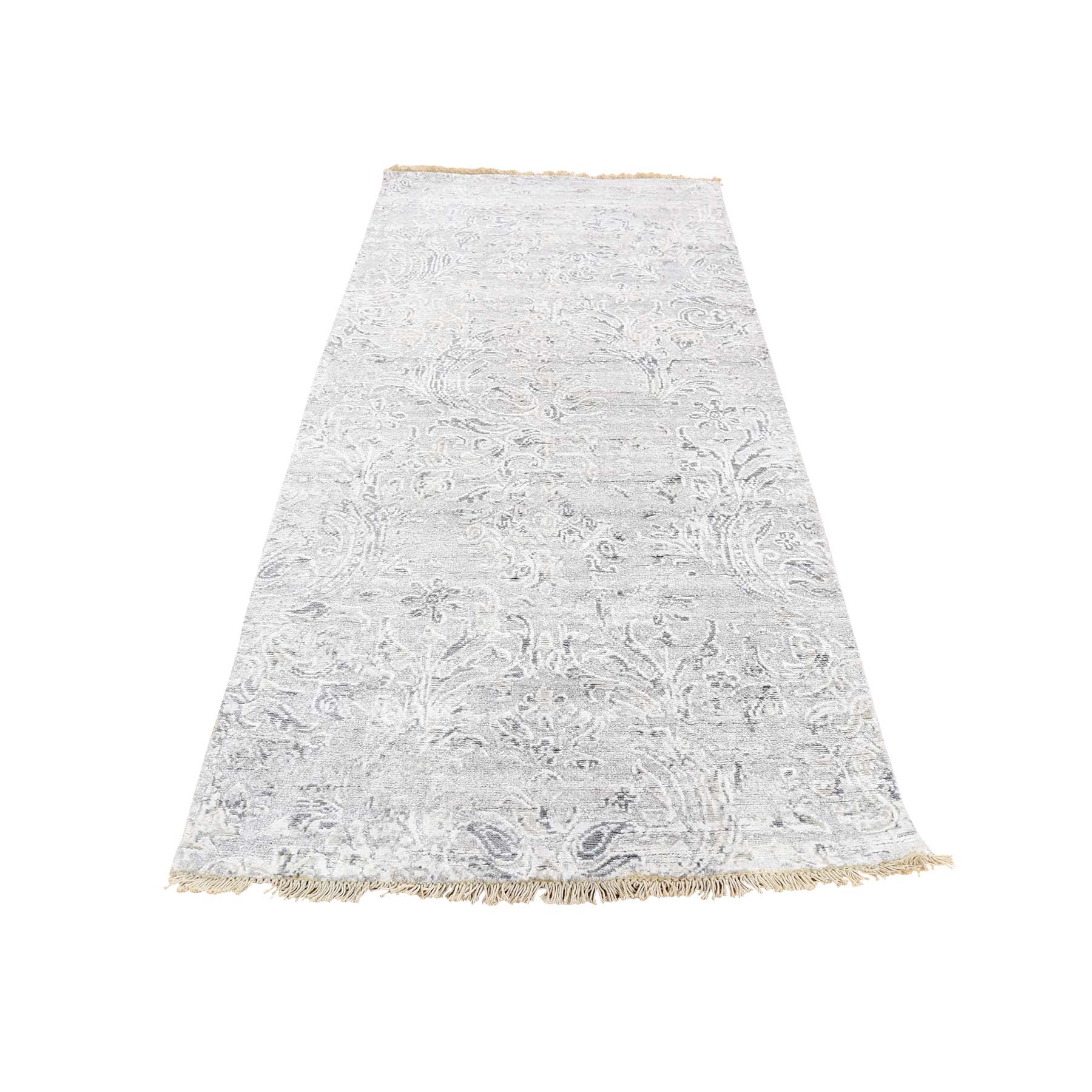 2'7"x5'10" Hand Woven Damask Tone On Tone Wool and Silk Hi-Lo Pile Runner Oriental Rug 