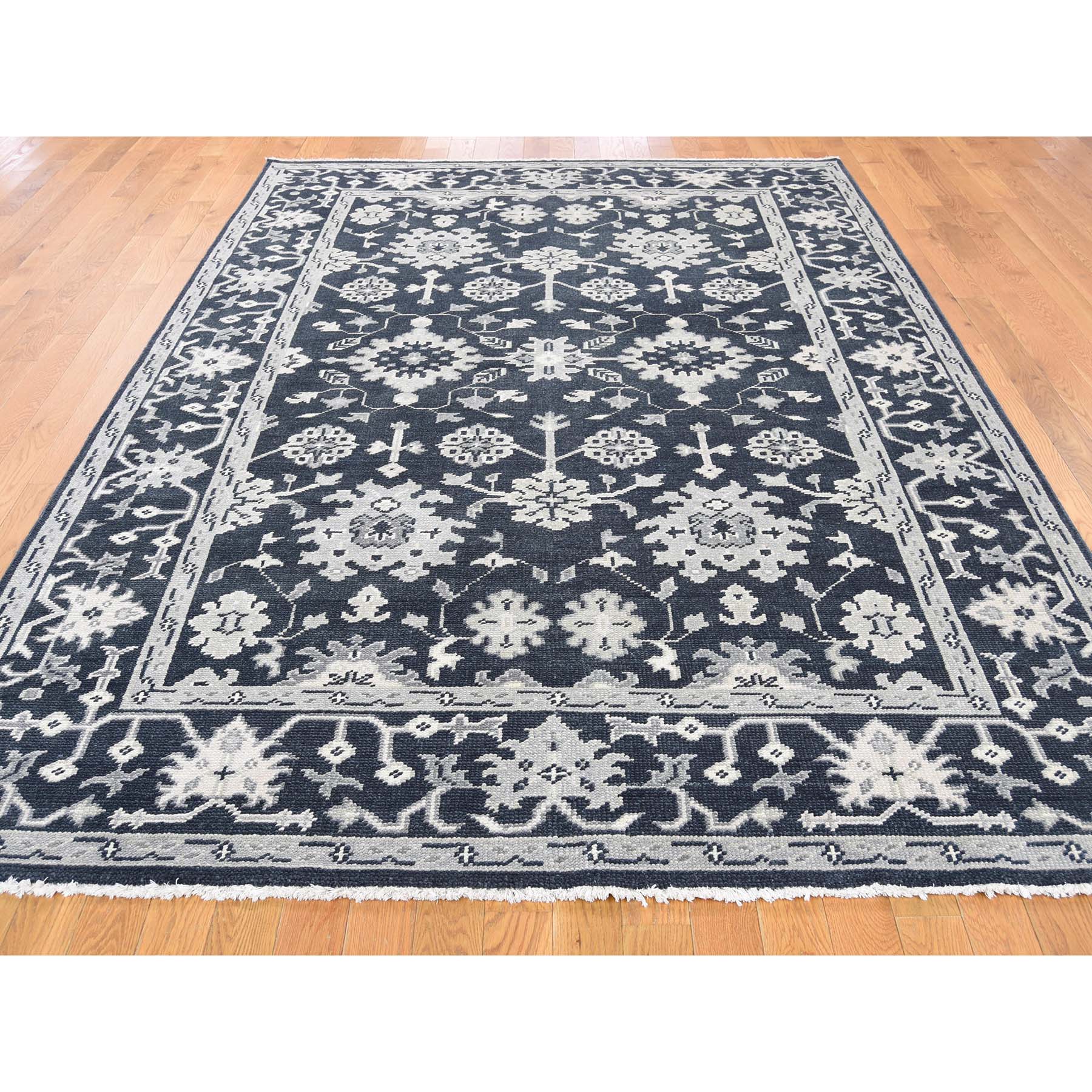 6'1"x9' Oushak Turkish Knot Cropped Thin Midnight Blue Hand Woven Oriental Rug 