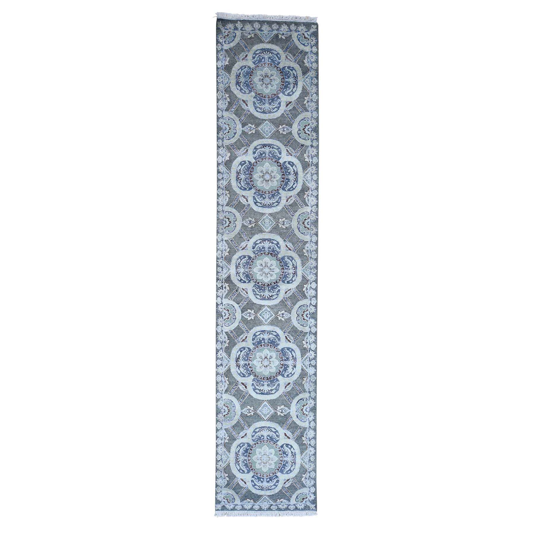 2'6"x12' Silk with Textured Wool Rosette Design Hand Woven Oriental Rug 