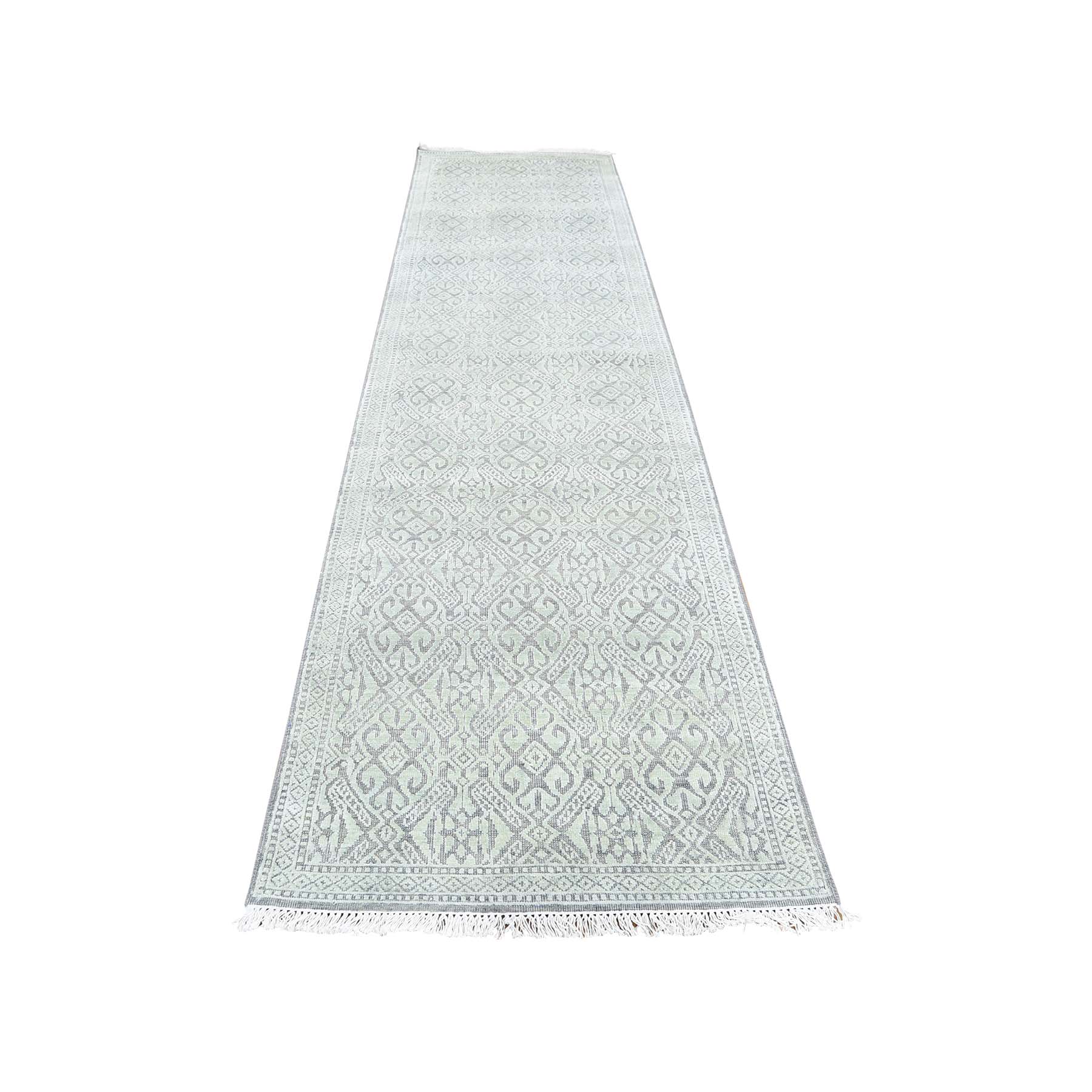 2'7"x10'4" Hand Woven Tone on Tone Silk with Textured Wool Runner Oriental Rug 