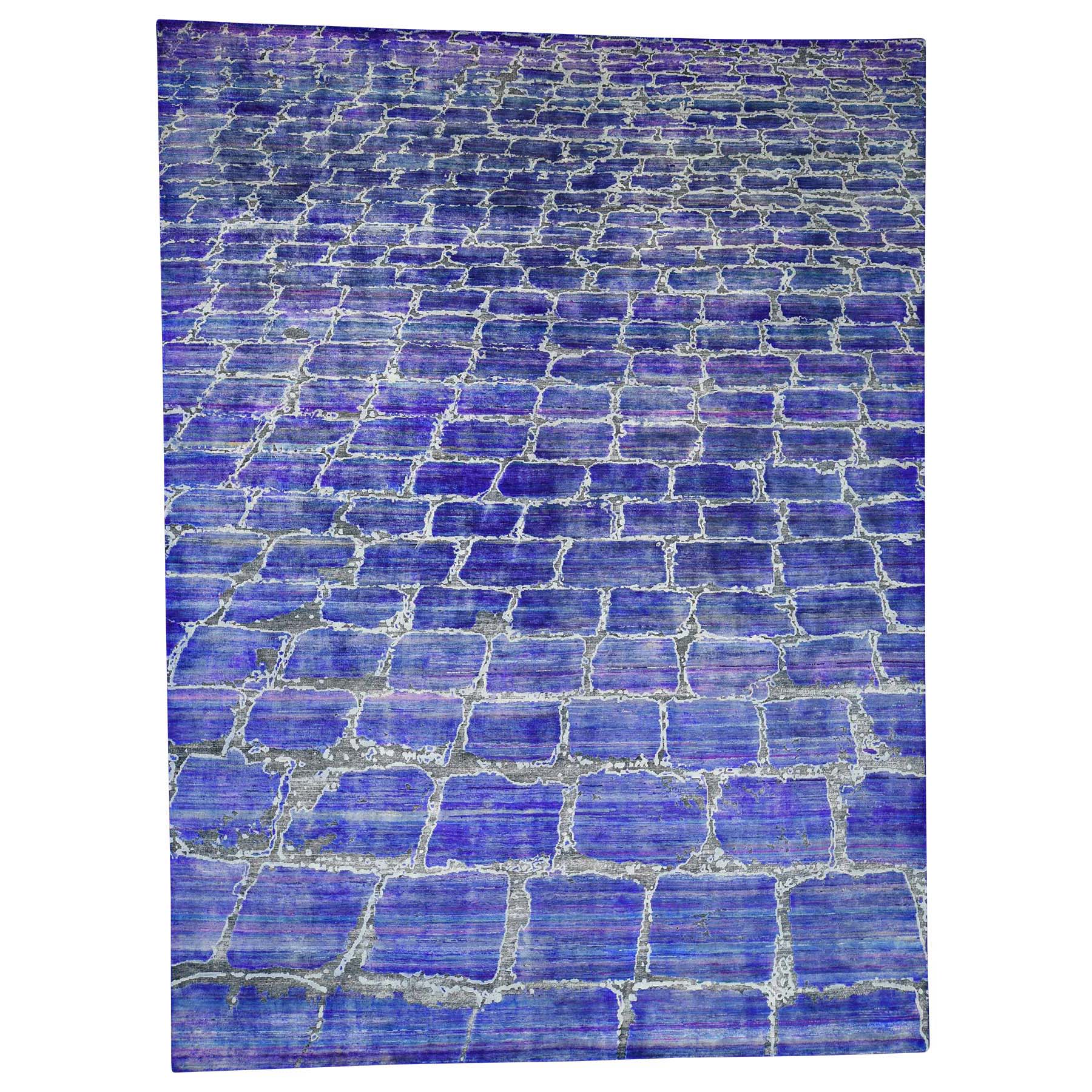 8'10"x12' DIMINISHING BRICKS Sari Silk with Textured Wool Hand Woven Oriental Rug 