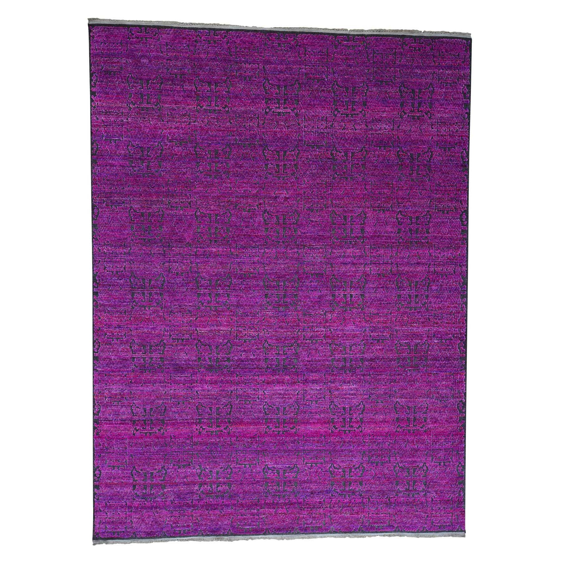 8'10"x11'10" Fuchsia Colors Sari Silk with Textured Wool Hand Woven Oriental Rug 