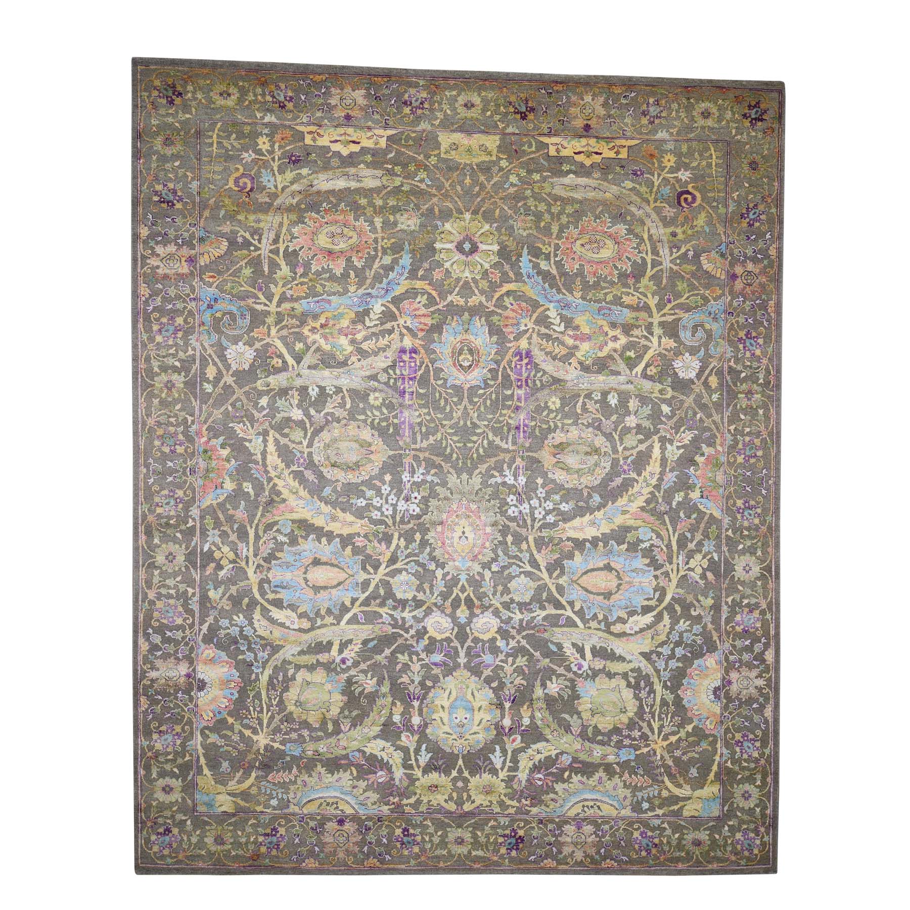 8'x10' Hand Woven Sickle Leaf Design Pure Silk with Textured Wool Oriental Rug 