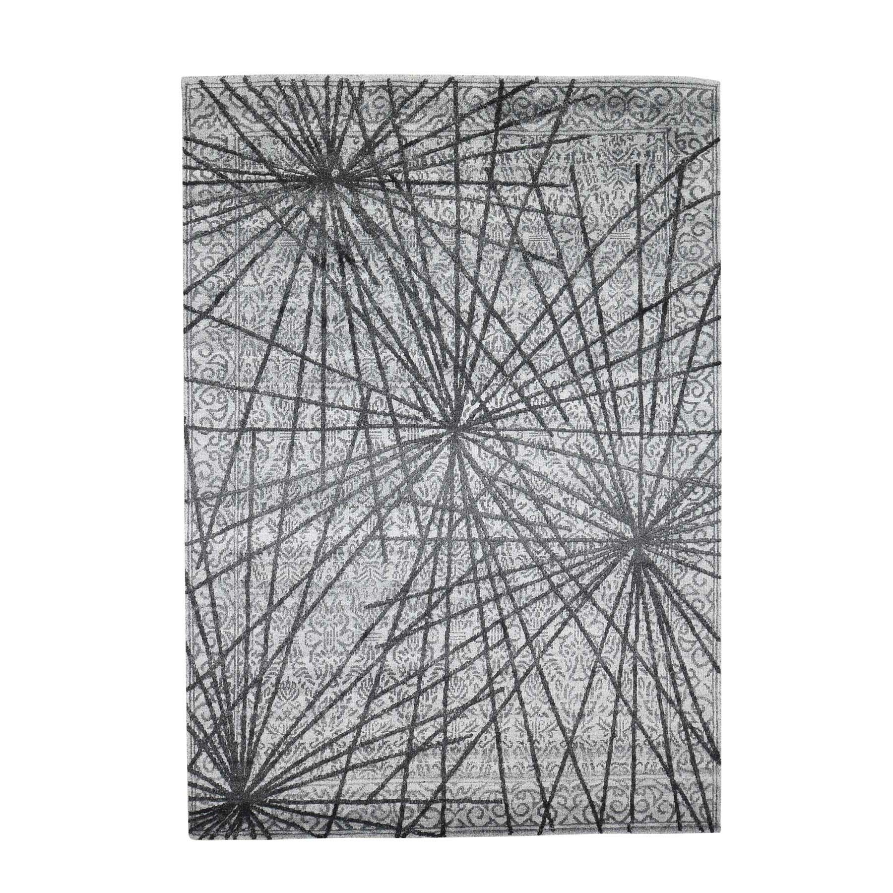 5'6"x7'9" Modern Abstract With Natural Greys Wool And Silk Hand Woven Oriental Rug 